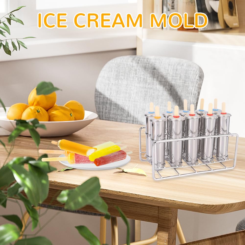 Sunicon Popsicle Mold, 10Pcs Stainless Steel Popsicle Molds, Homemade Ice Lolly Molds with Holder, Reusable Round Head Fast Freezing Ice Treat Maker with Wooden Sticks and Bags for DIY Popsicle