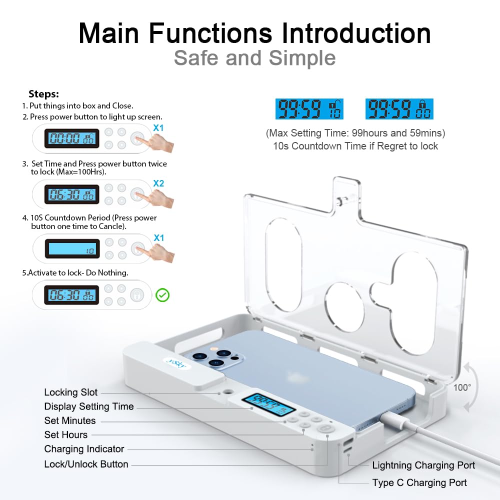ySky Phone Lock Box with Timer for iPhone and Android Phones, Self-Control Timed Phone Locker to Help Kids,Students, Adults Focus Back,Prevent Excessive Games, Mobile Phone Addiction(Clear)