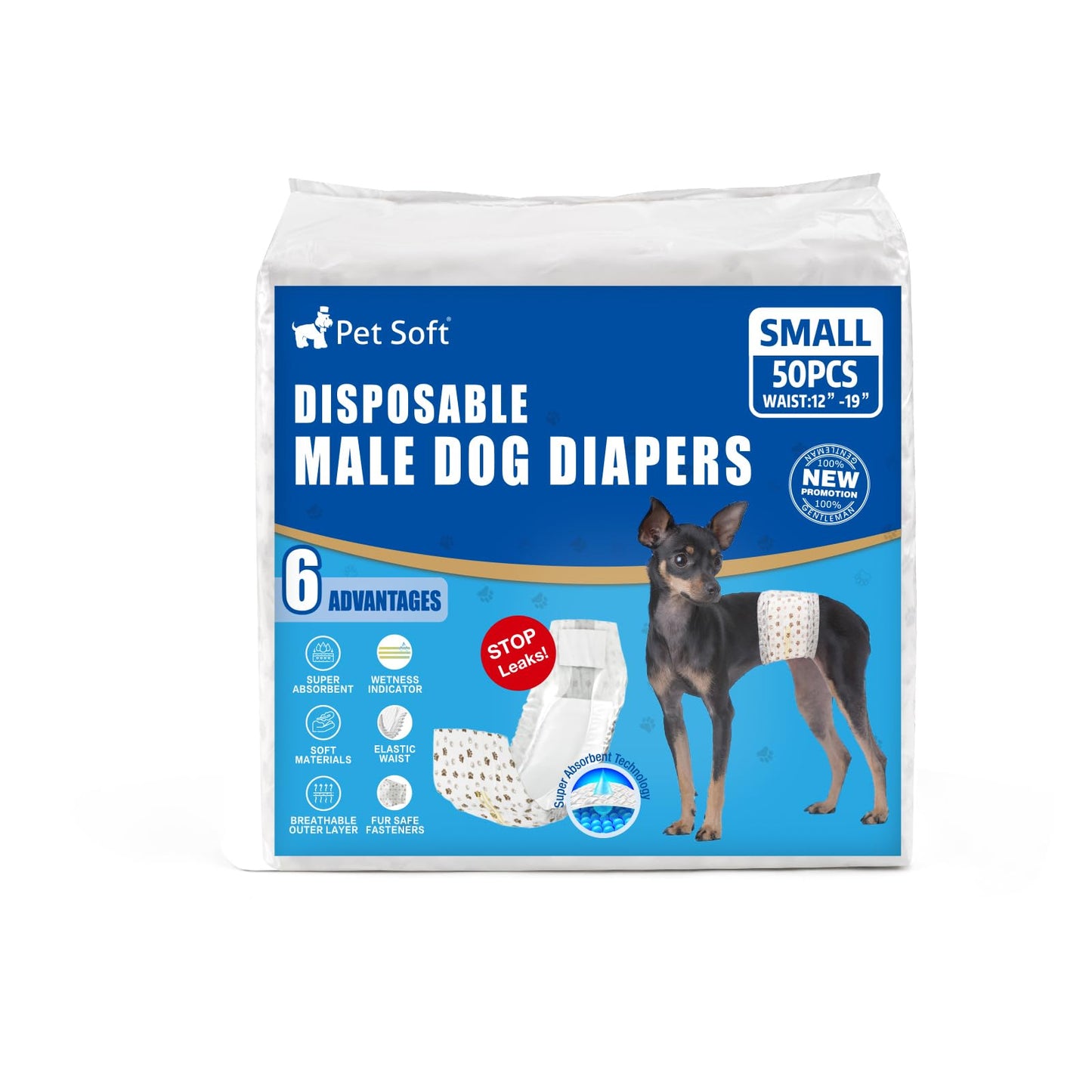 Pet Soft Dog Diapers Male - Disposable Male Dog Wraps Wetness Indicator, Ultra Absorbent Doggie Diapers Comfortable for Incontinence Excitable Urination, 50pcs Small