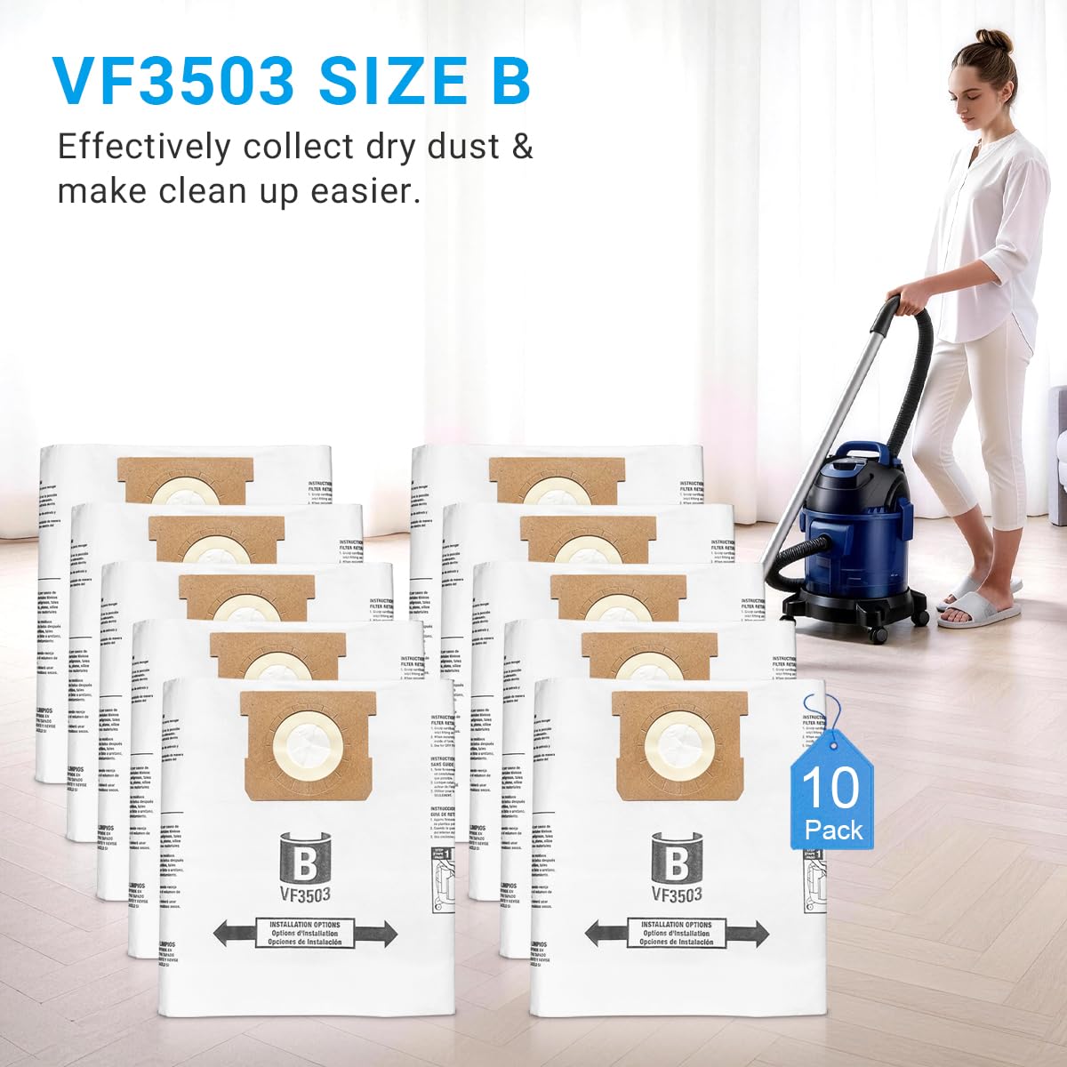 Zibopon VF3503 Vacuum Bags Compatible with Ridgid 5 to 10 Gallon Wet/Dry Vacs, Size B(10 Pack)