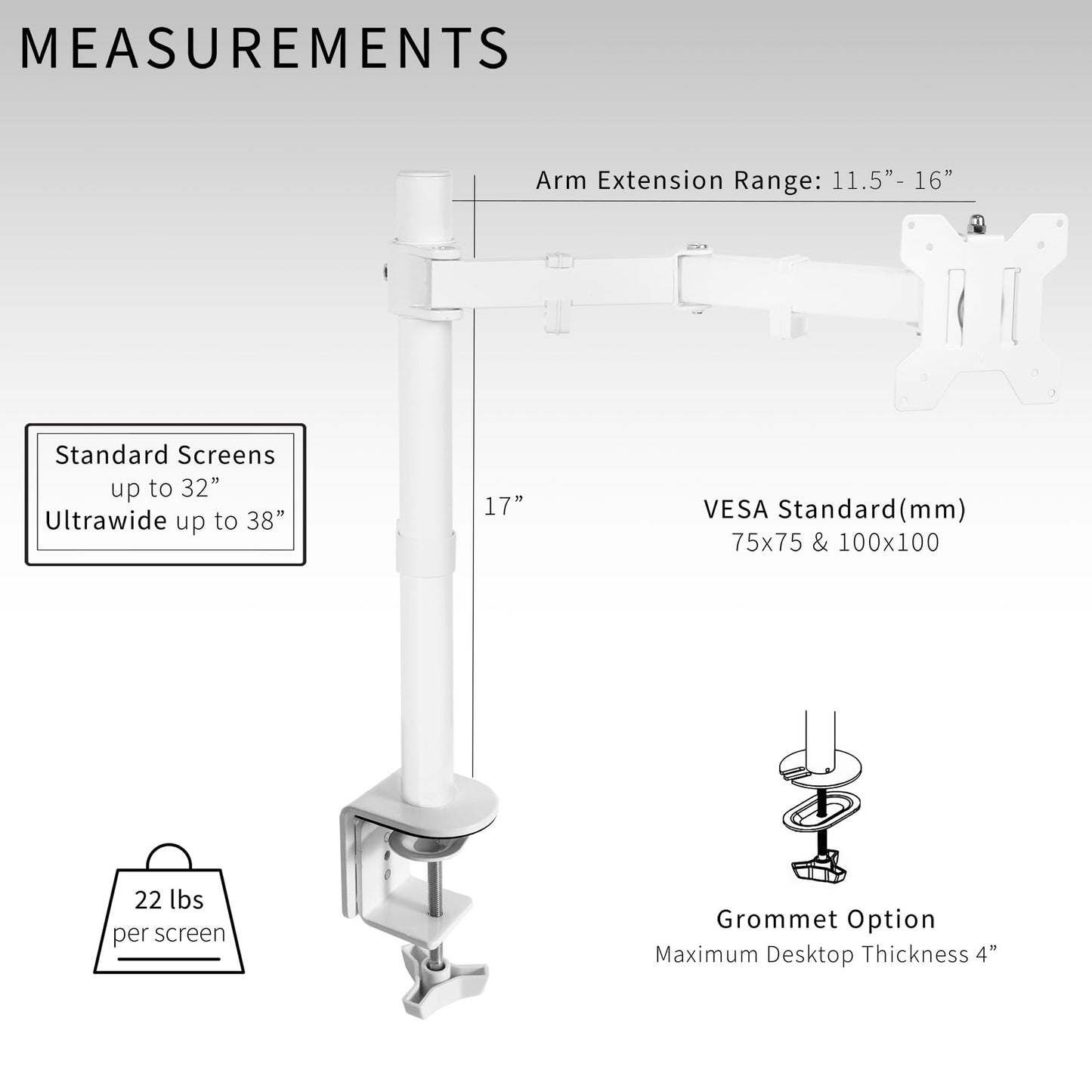 VIVO Single Monitor Arm Desk Mount, Holds Screens up to 32 inch Regular and 38 inch Ultrawide, Fully Adjustable Stand with C-Clamp and Grommet Base, VESA 75x75mm or 100x100mm, White, STAND-V001W