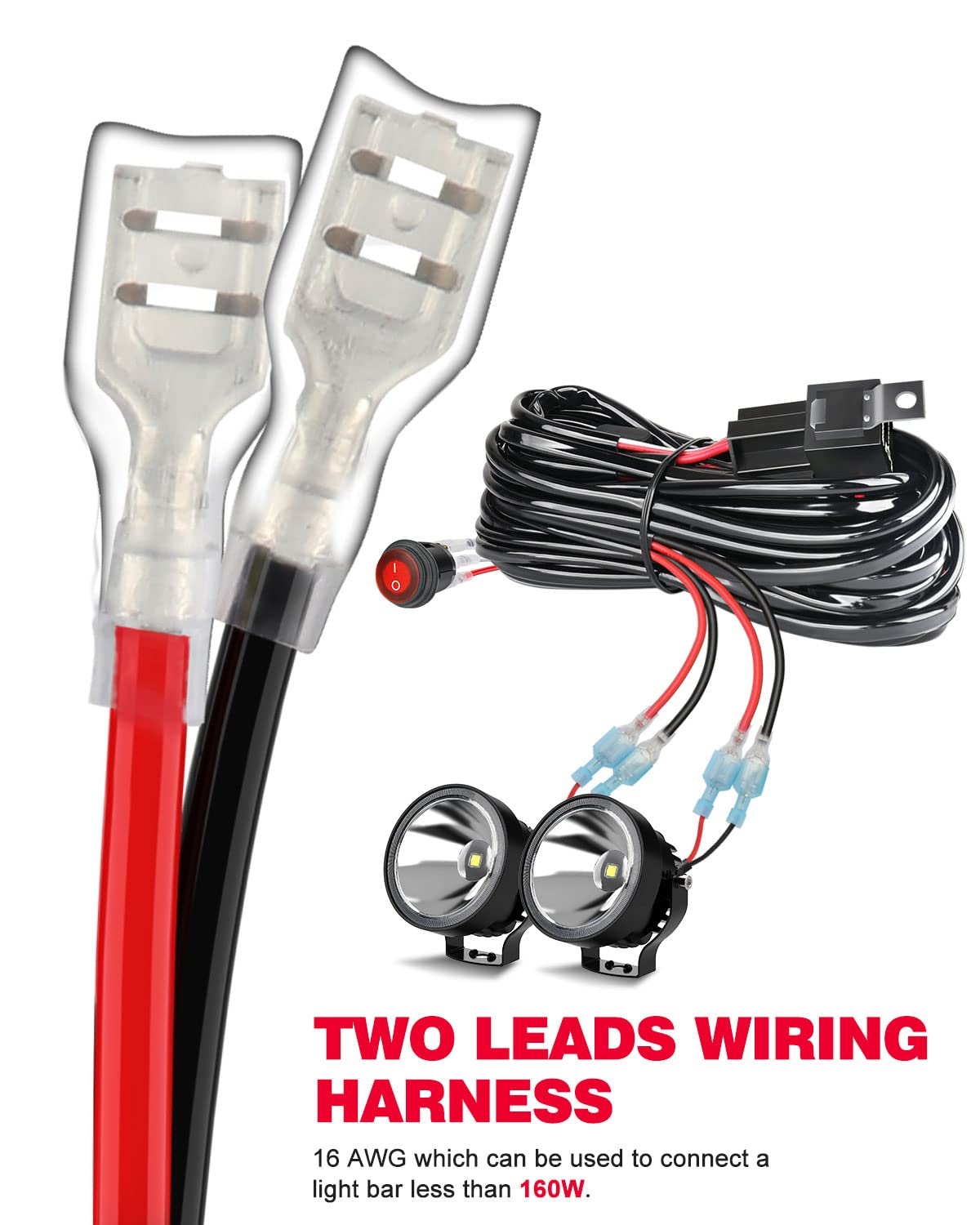NAOEVO 16FT LED Light Bar Wiring Harness Kit 16AWG 2 Leads 12V On Off Waterproof Switch Power Relay Blade Fuse for Off Road Lights LED Work Light (16FT)