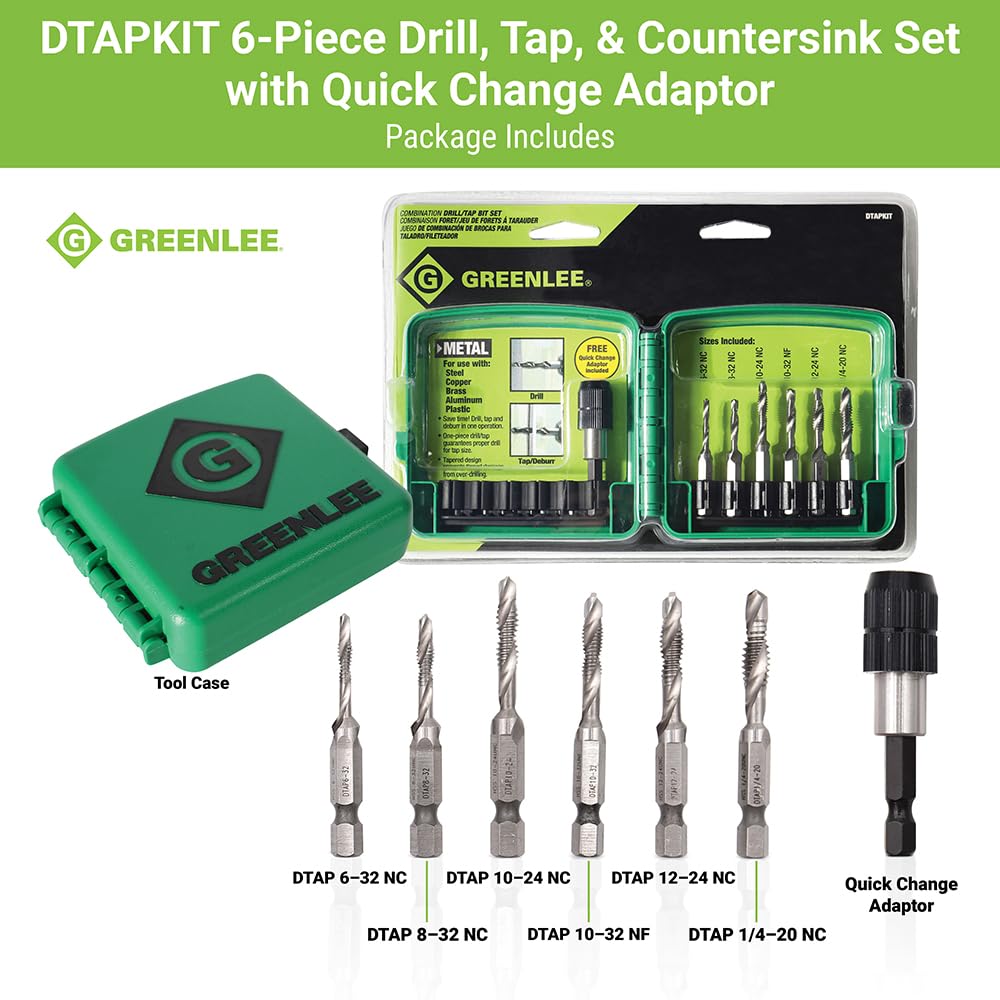 TEMPO Greenlee DTAPKIT 6-32 to 1/4-20 Combination Drill and Tap Set, 6-Piece