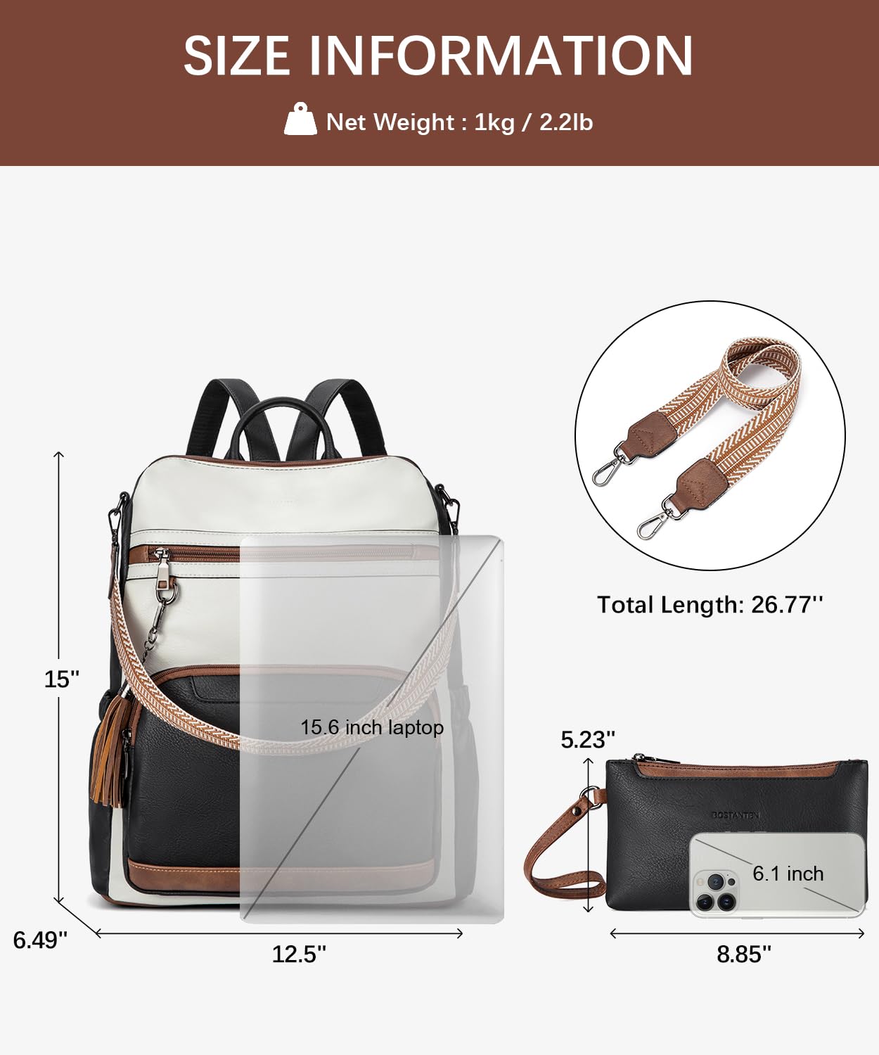 BOSTANTEN Leather Laptop Backpack for Women Designer Travel Backpack with Laptop Compartment Ladies Computer Shoulder Bags Black＆Beige＆Brown