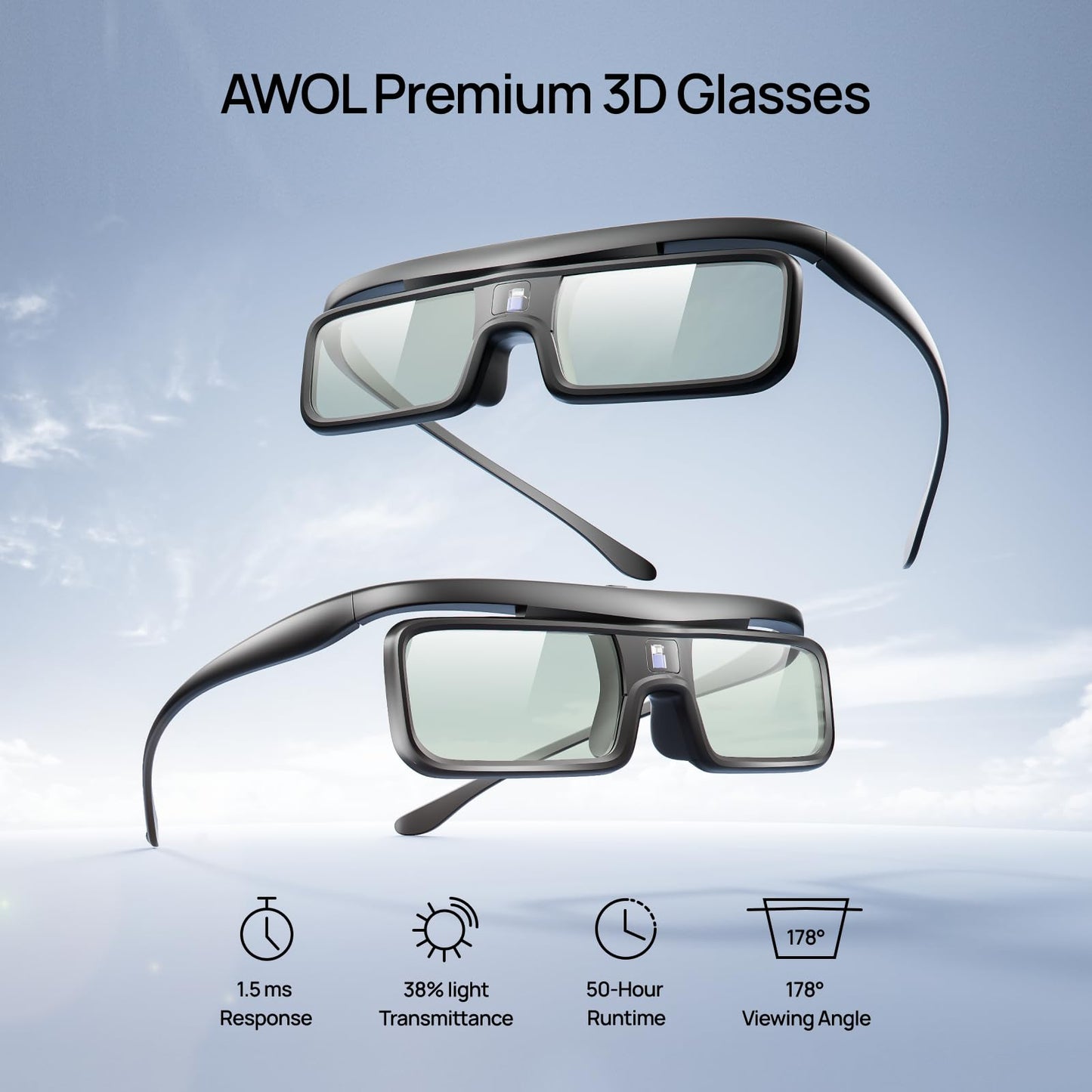 AWOL VISION DLP Link 3D Glasses, Rechargeable Active Shutter Eyewear compatiable with AWOL VISION LTV-2500, LTV-3500, Vanish TV & Other DLP-Link 3D projectors (2 Packs)