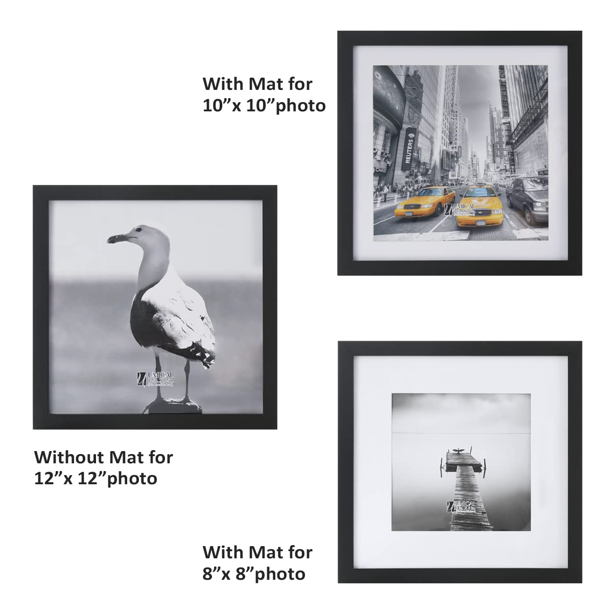 UMICAL 12x12 Picture Frames Set of 2 Display 10x10 or 8x8 Pictures with Mat or 12x12 Pictures without Mat Square Wood Black Photo Frames with HD Plexiglass for Tabletop Stand and Wall Mounting