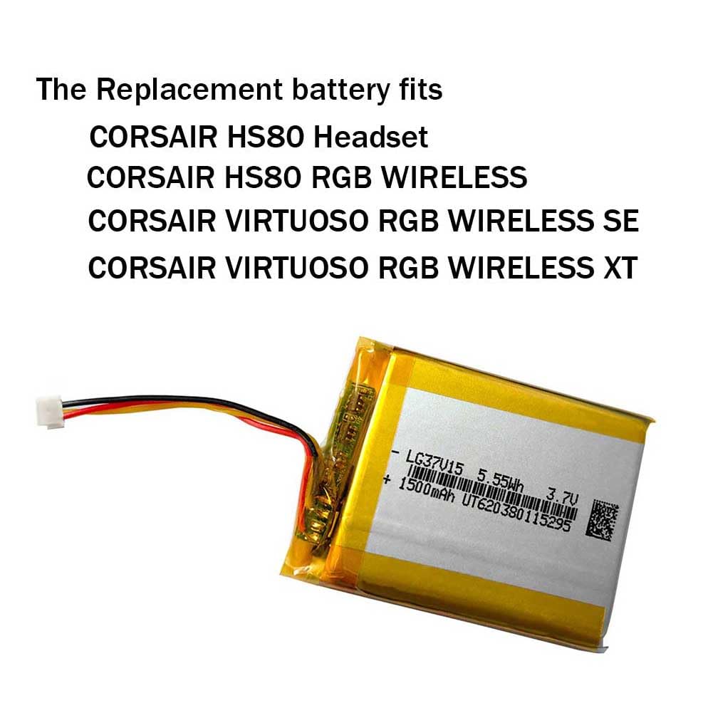 1500 mAh 3.7 V Rechargeable Lipo Battery Replacement for Corsair HS80 / HS80 RGB Wireless, Void Pro, Virtuoso RGB Wireless SE/XT Wireless Gaming Headset, for HyperX Cloud III Wireless Battery