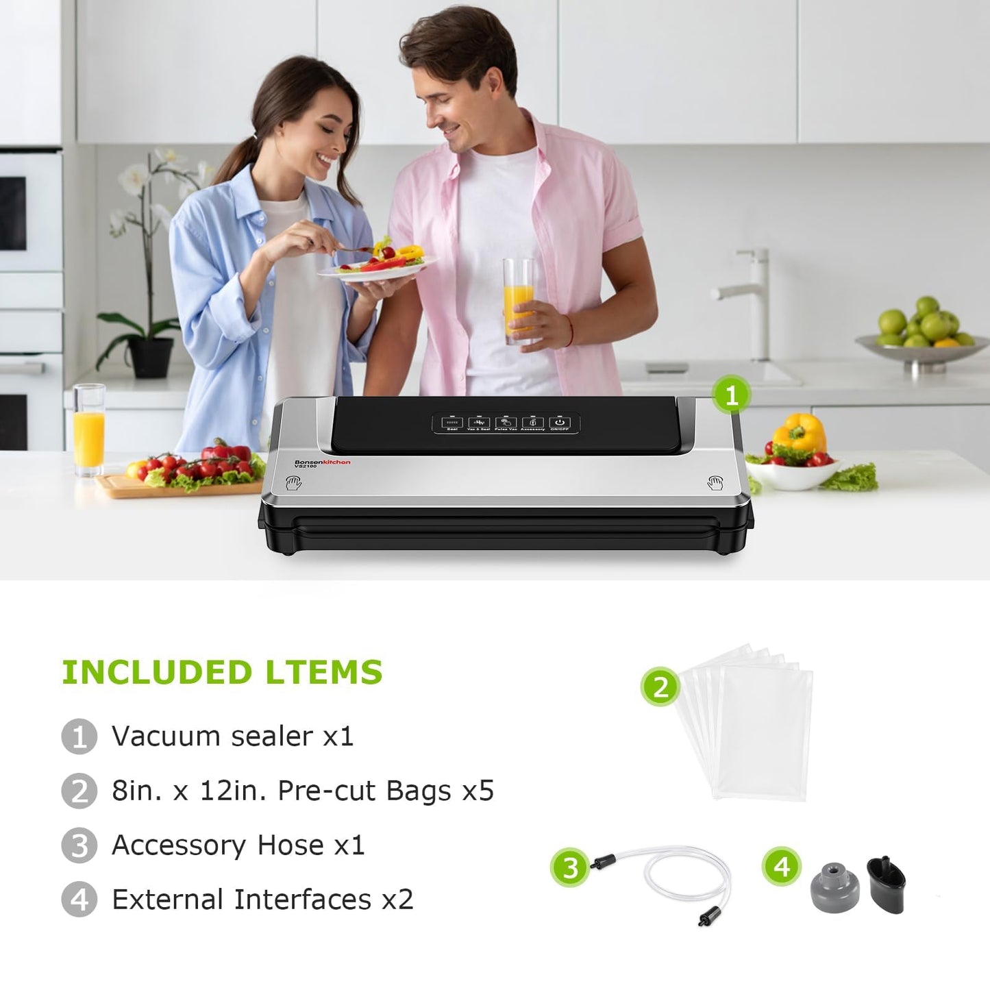 Bonsenkitchen Vacuum Sealer Machine, 90Kpa Powerful Food Sealer, Multi-Functional Food Vacuum Sealer with Vacuum Bags & Accessory Hose,Globefish Technology for High-Speed Continuous Working, Silver