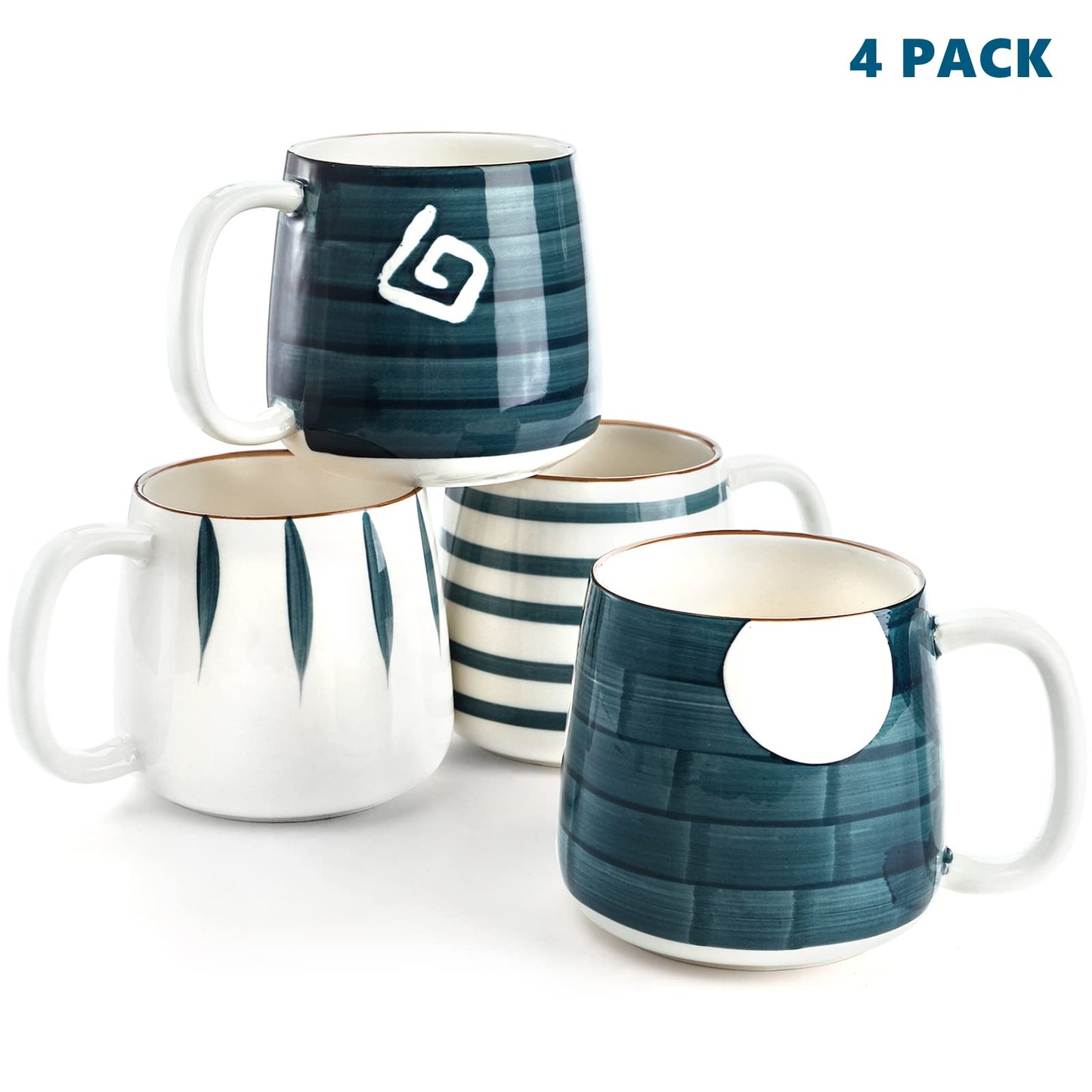 DEAYOU Set of 4 Porcelain Coffee Mugs, 500 ml/17 Oz Ceramic Coffee Cups with Handles, Large Hand-Painted Tea Cups for Cappucino, Milk, Latte, Cocoa, Hot or Cold Drinks, Microwave & Dishwasher Safe