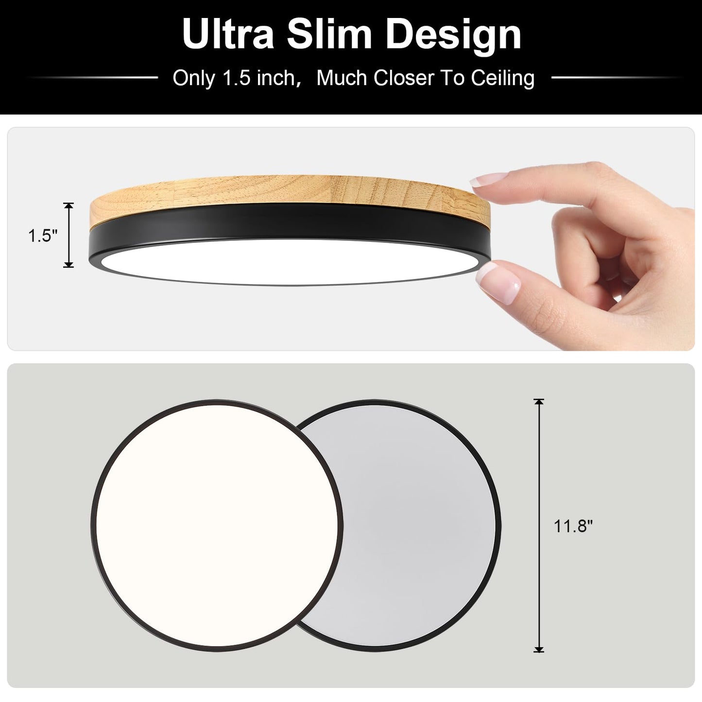 Vikaey Modern Wood LED Ceiling Light Fixture, Minimalist Black Flush Mount Ceiling Lamps, Round Ceiling Lighting Fixtures for Bedroom, Hallway, Dining Room, Kitchen, Laundry Room, Not Dimmable