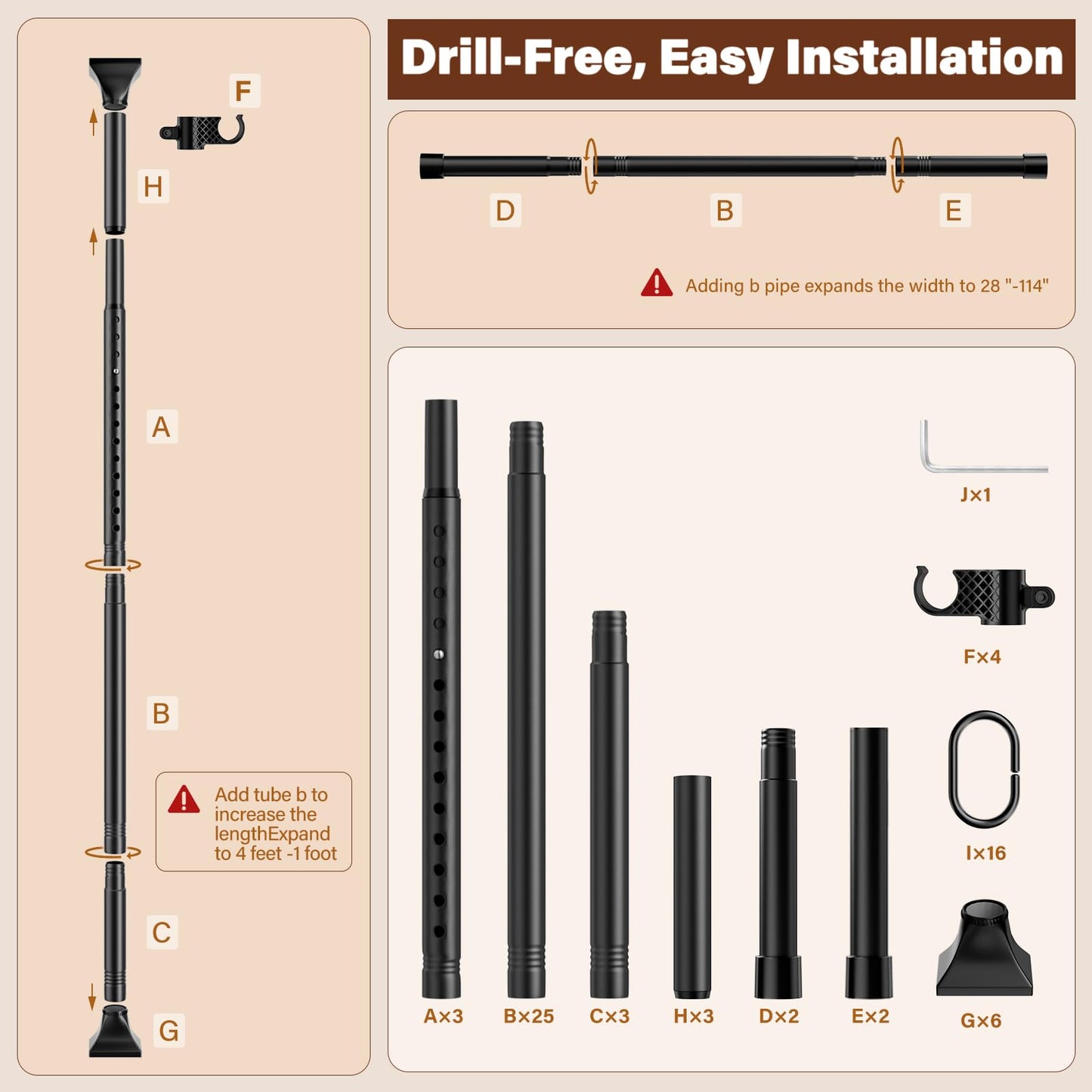 Room Divider Curtain Rod, No Drilling Tension Curtain Rod, 4-10ft H x 28-114in W Adjustable, Heavy Duty Freestanding Room Divider for Space Partition & Room Separation, Black