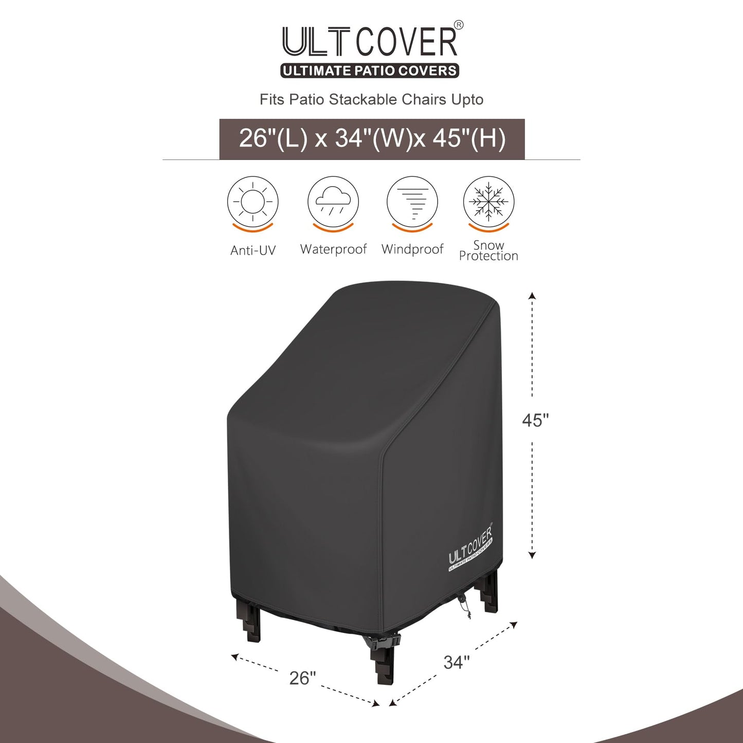 ULTCOVER Stackable Patio Chair Cover – Waterproof Outdoor Stack of Chairs Cover 2 Pack Fits Up to 26W x 34D x 45H inches, Black