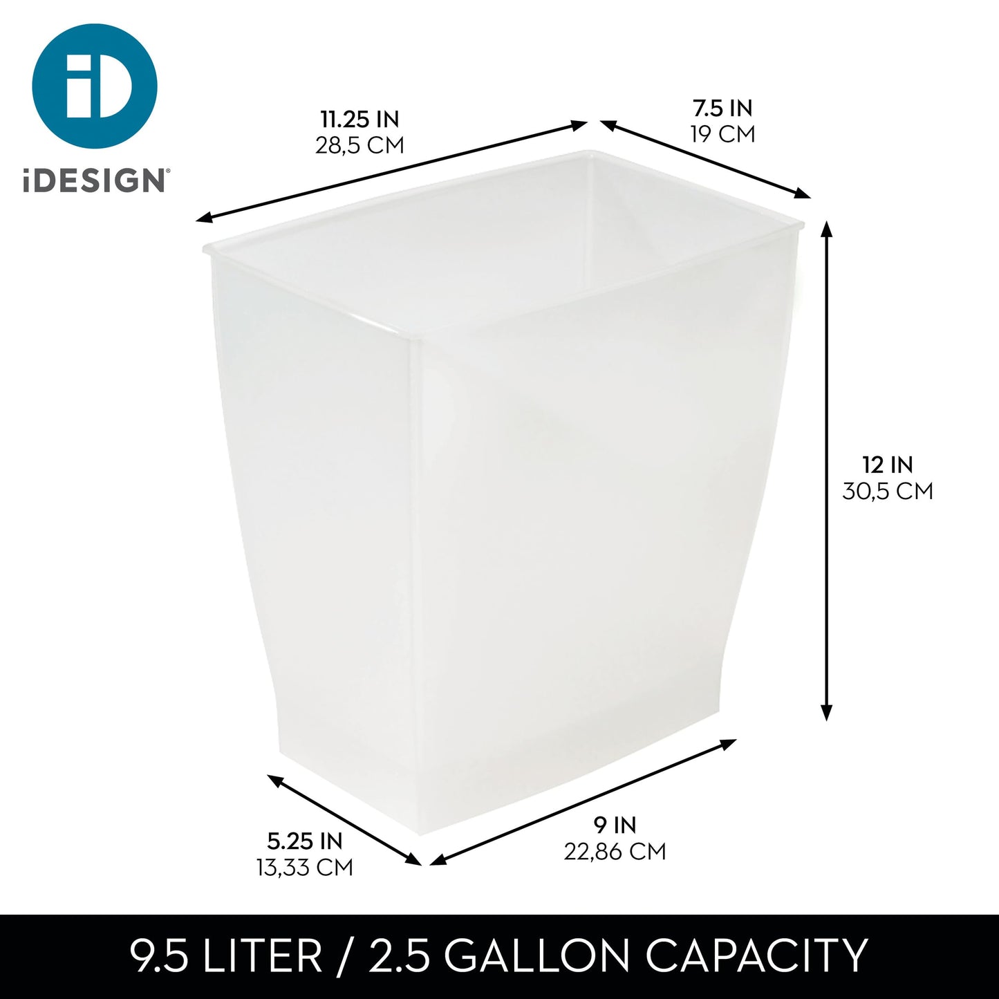 iDesign Spa Rectangular Trash Can, Waste Basket Garbage Can for Bathroom, Bedroom, Home Office, Dorm, College, 2.5 Gallon, Frost