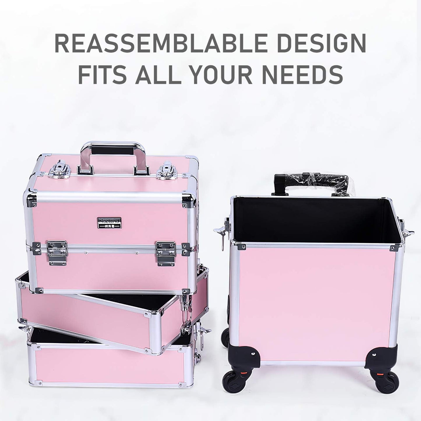 4 in 1 Rolling Makeup Case Professional Cosmetic Trolley, Aluminum Makeup Train Case with 360° Swivel Wheels, Lockable Storage Organizer for Beauty, Salon, Travel, Jewelry, Pink