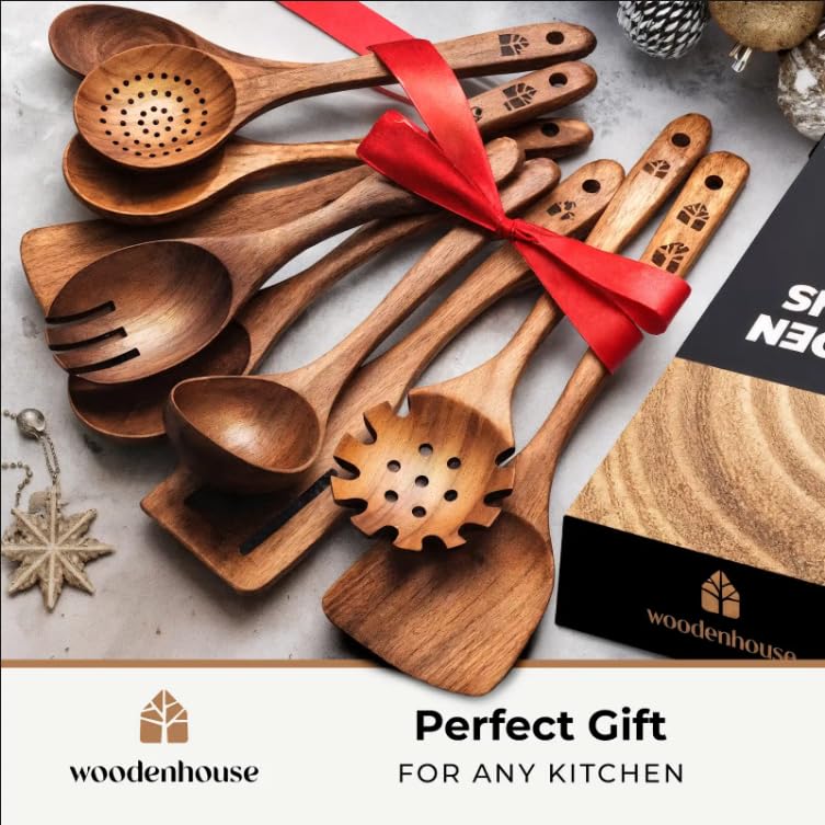 Wooden Spoons for Cooking, Kitchen Utensil Set, 10 Pcs Cooking Utensils Set for Nonstick Pans & Cookware – Study Teak Wood, Lightweight & Heat Resistant