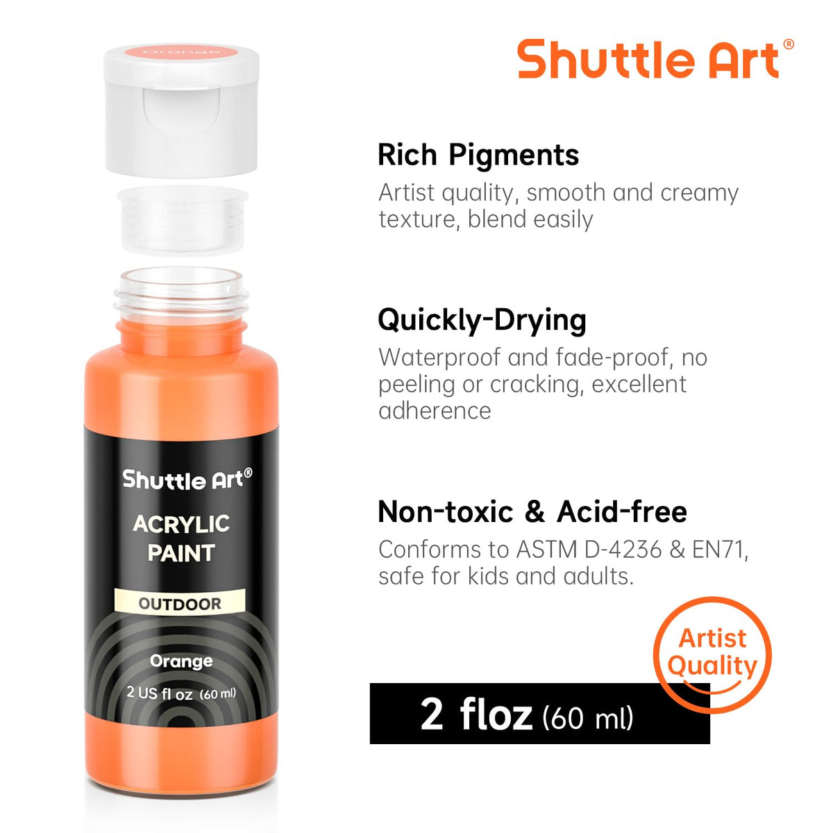 Shuttle Art Outdoor Acrylic Paint Set, 36 Colors 2oz/60ml Waterproof Acrylic Paint with 10 Brushes 1 Palette, Rich Pigmented Paints for Artists, Beginners on Rocks, Wood Crafts, Garden Statues
