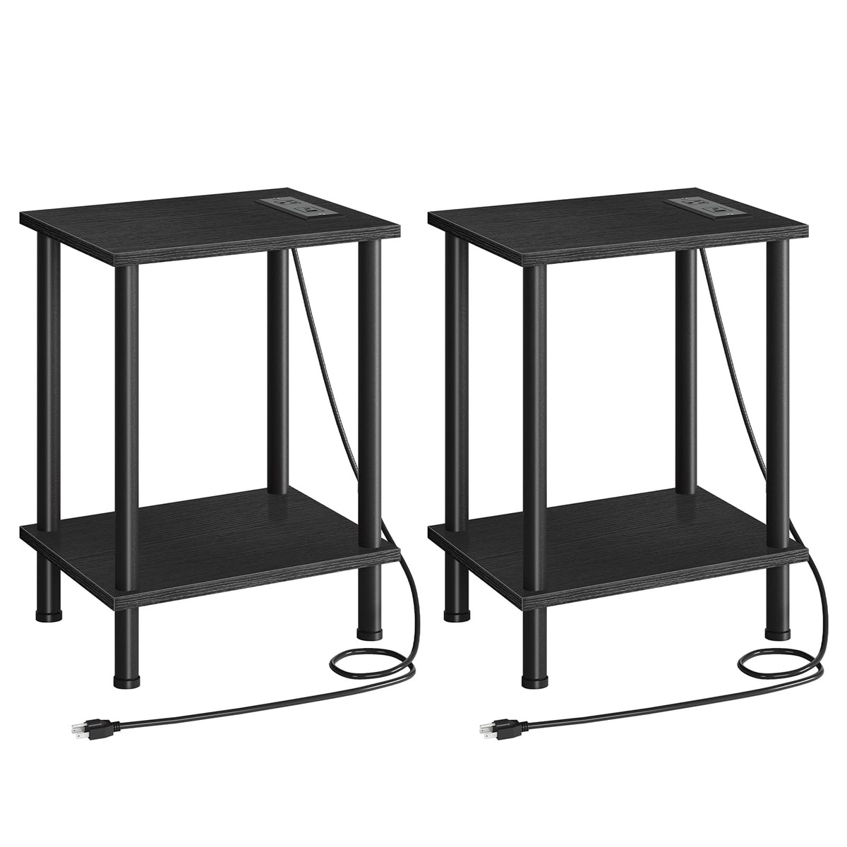 HOOBRO Set of 2 Side Table with Charging Station, End Table with USB Ports and Outlet, Nightstand with 2-Layer Storage Shelves for Small Spaces, Living Room, Bedroom, Stable Frame, Black BK09UBZP201
