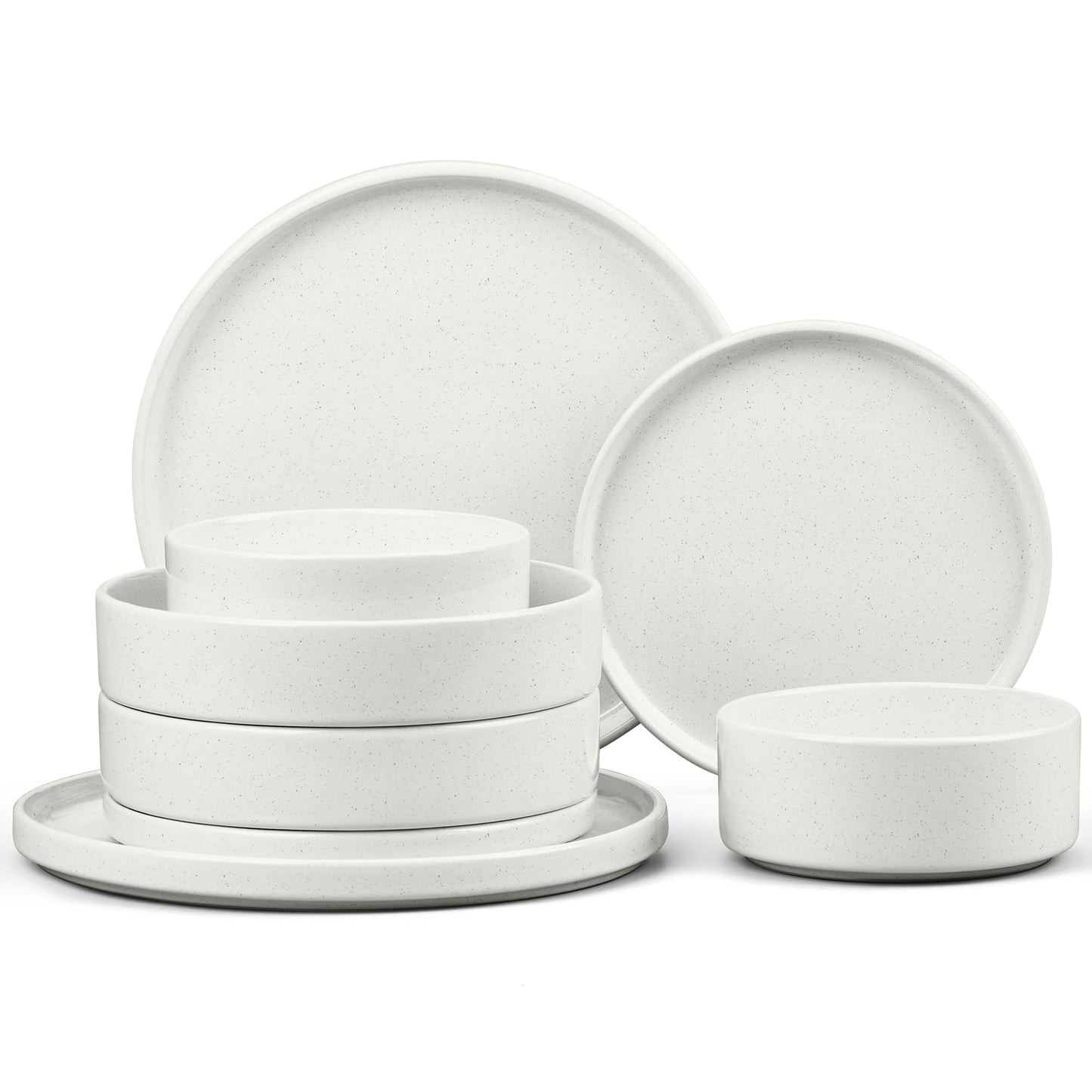 E-far 8-Piece Plates and Bowls Sets - Stoneware Dinnerware Sets with Pasta Bowls for 2 | Microwave & Dishwasher Safe Modern Dish Set, Speckled White
