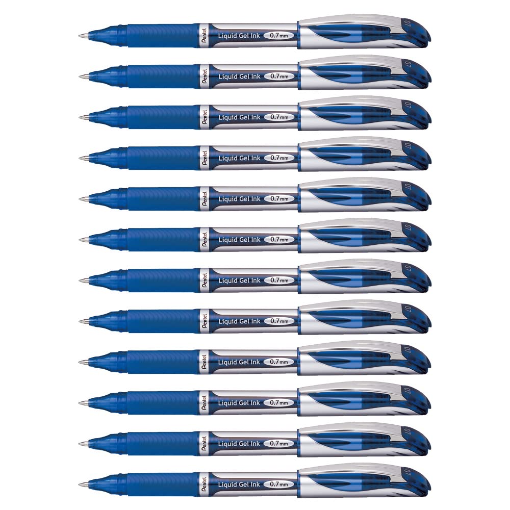 Pentel EnerGel Liquid Gel Rollerball Pen with Cap to Protect Pockets, Everyday Writing, Office Supplies, School Supplies, 0.7mm Medium Point, Silver Barrel, Blue Ink, BL57-C, Box of 12