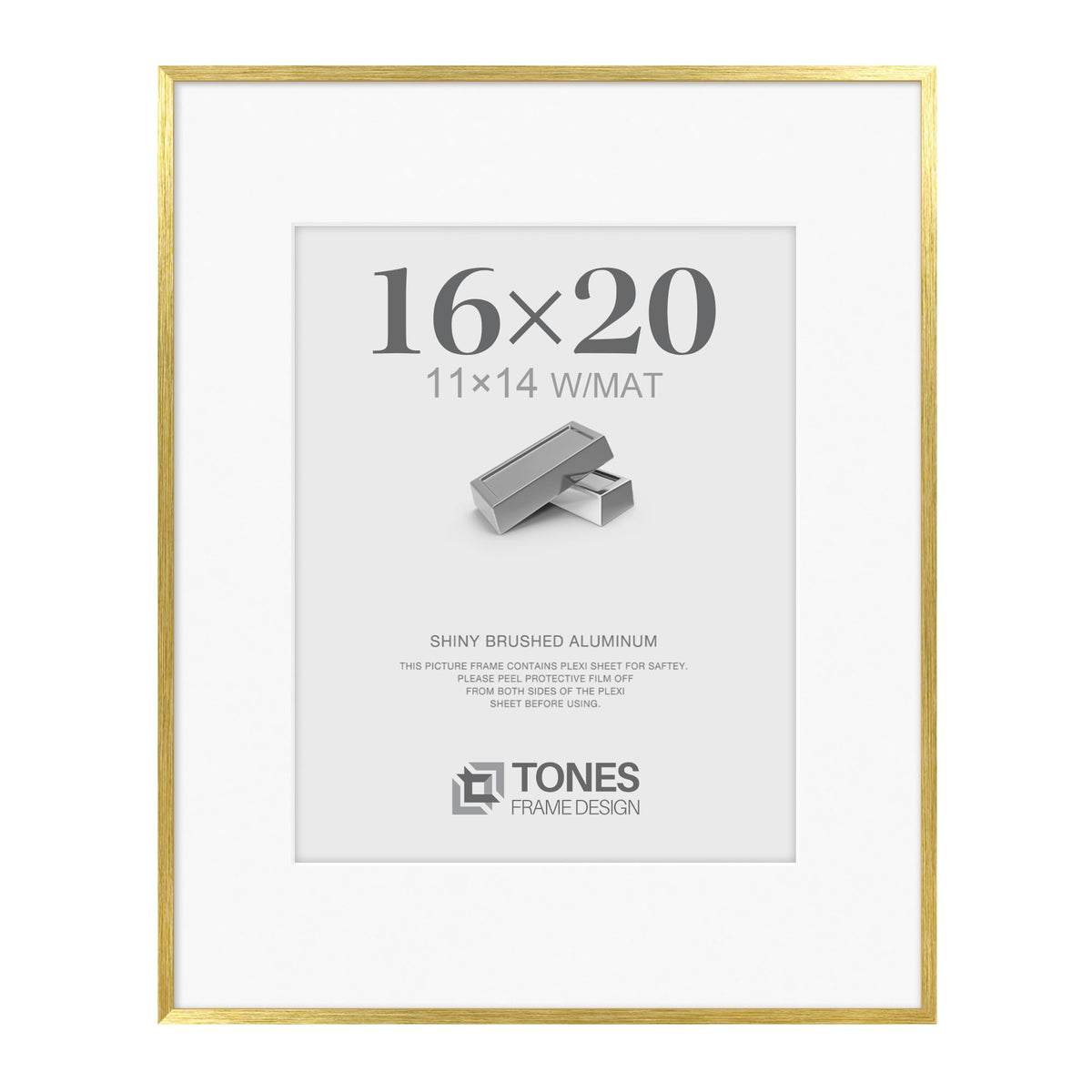TONES FRAME DESIGN 16x20 Picture Frame (Shiny Brushed Aluminum), Gold Metal Photo Frame Matted to 11x14 and Plexi Glass, for Art Gallery Wall Decor