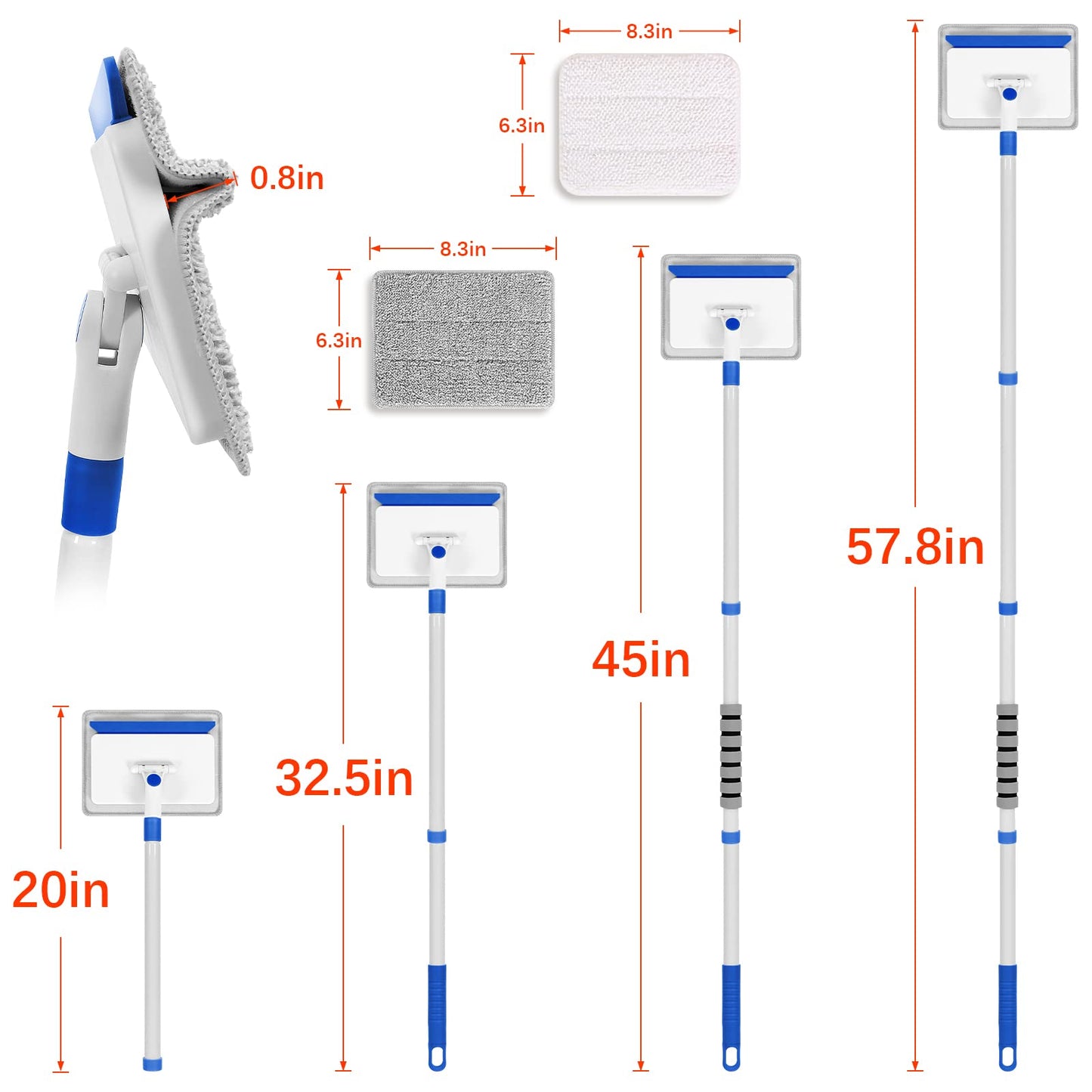 Skirting Board Cleaning Tool with Handle, Wall Cleaner with Long Extendable Handle, Door Frame Cleaning Tool, Including 4 Reusable Cleaning Pads, Quick Clean