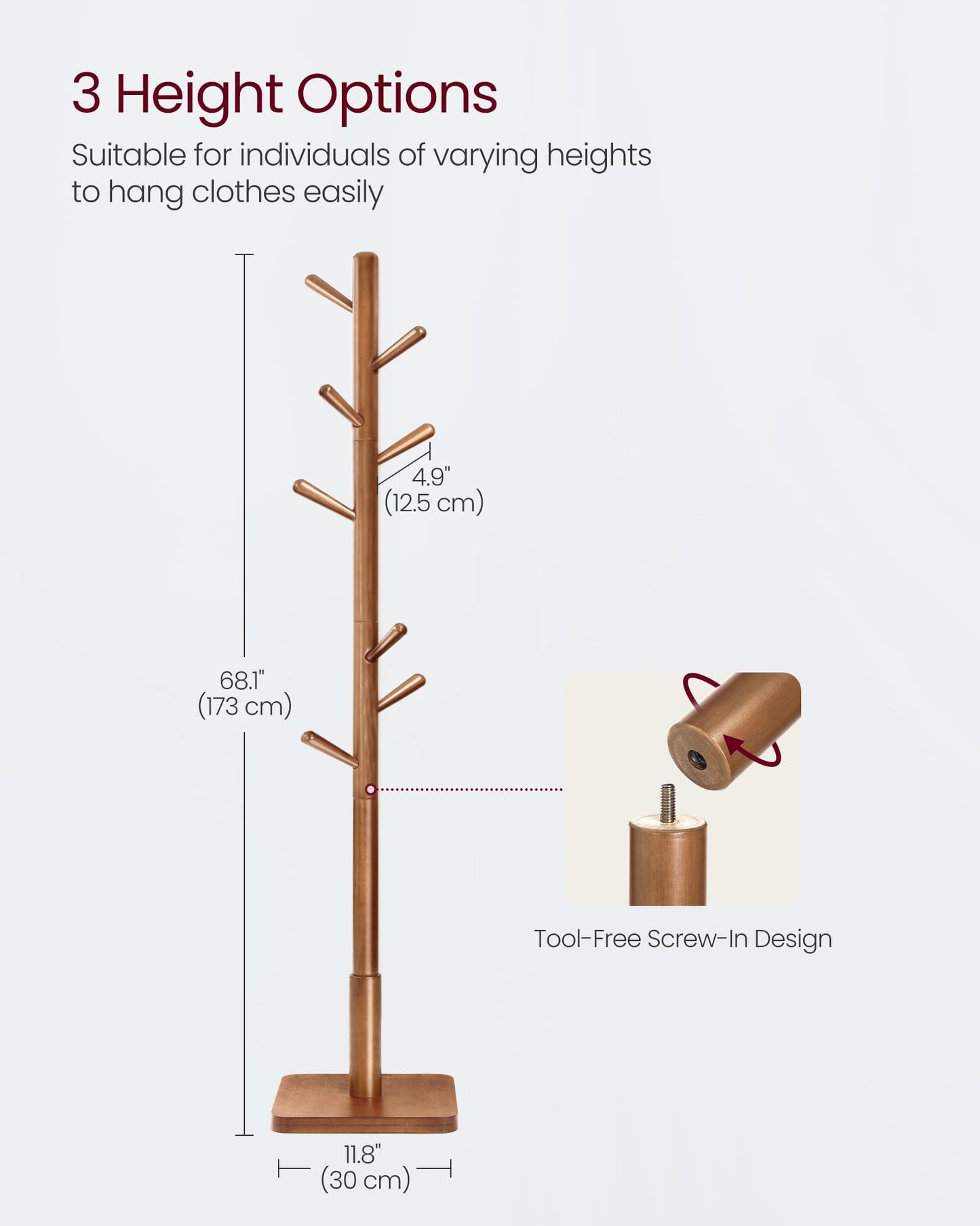 VASAGLE Solid Wood Coat Rack, Free Standing Hall Coat Tree with 8 Hooks, 3 Height Options, for Coats, Hats, Bags, Purses, for Entryway, Hallway, Rubberwood Hooks and Pole, Caramel BrownURCR010W01