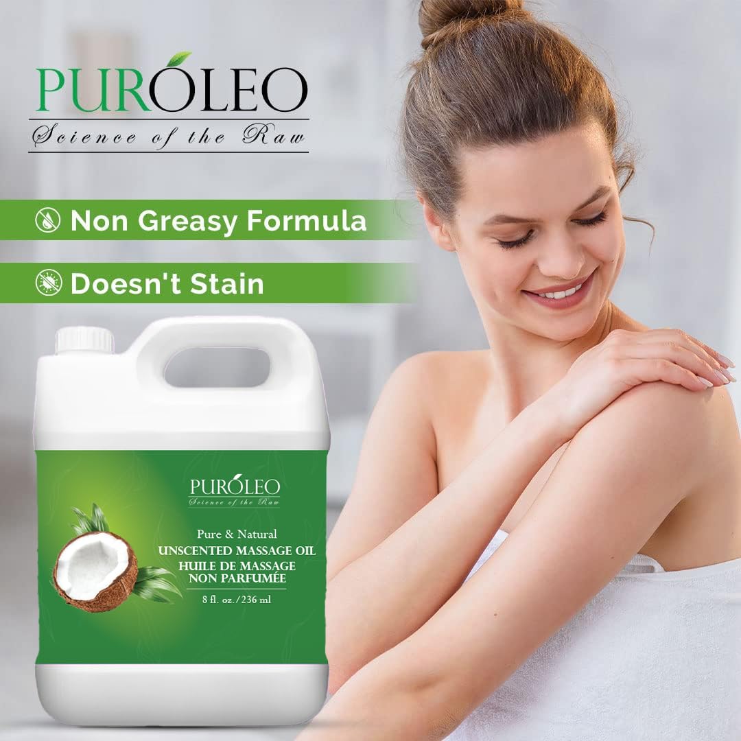 PUROLEO All-Natural Massage Oil – Unscented, 32 Fl Oz/946 mL – With Coconut, Almond & Jojoba Oils – For Hair, Body & Face – Nourishing, Relaxing & Ideal for Massage Therapy – Made in Canada