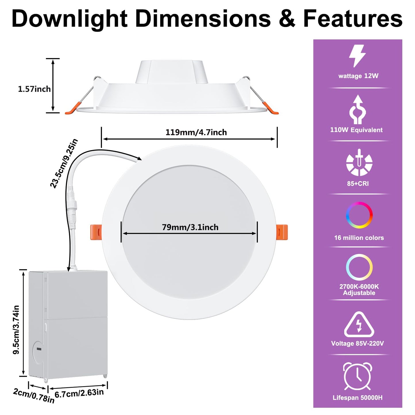 Smart Recessed Pot Lights LED 4 Inch, Bluetooth RGBCW Color Changing Recessed Lighting, Compatible with Alexa, 2700k-6000k Dimmable 1080LM Canless Downlight with Junction Box for Bedroom,Party,6 Pack