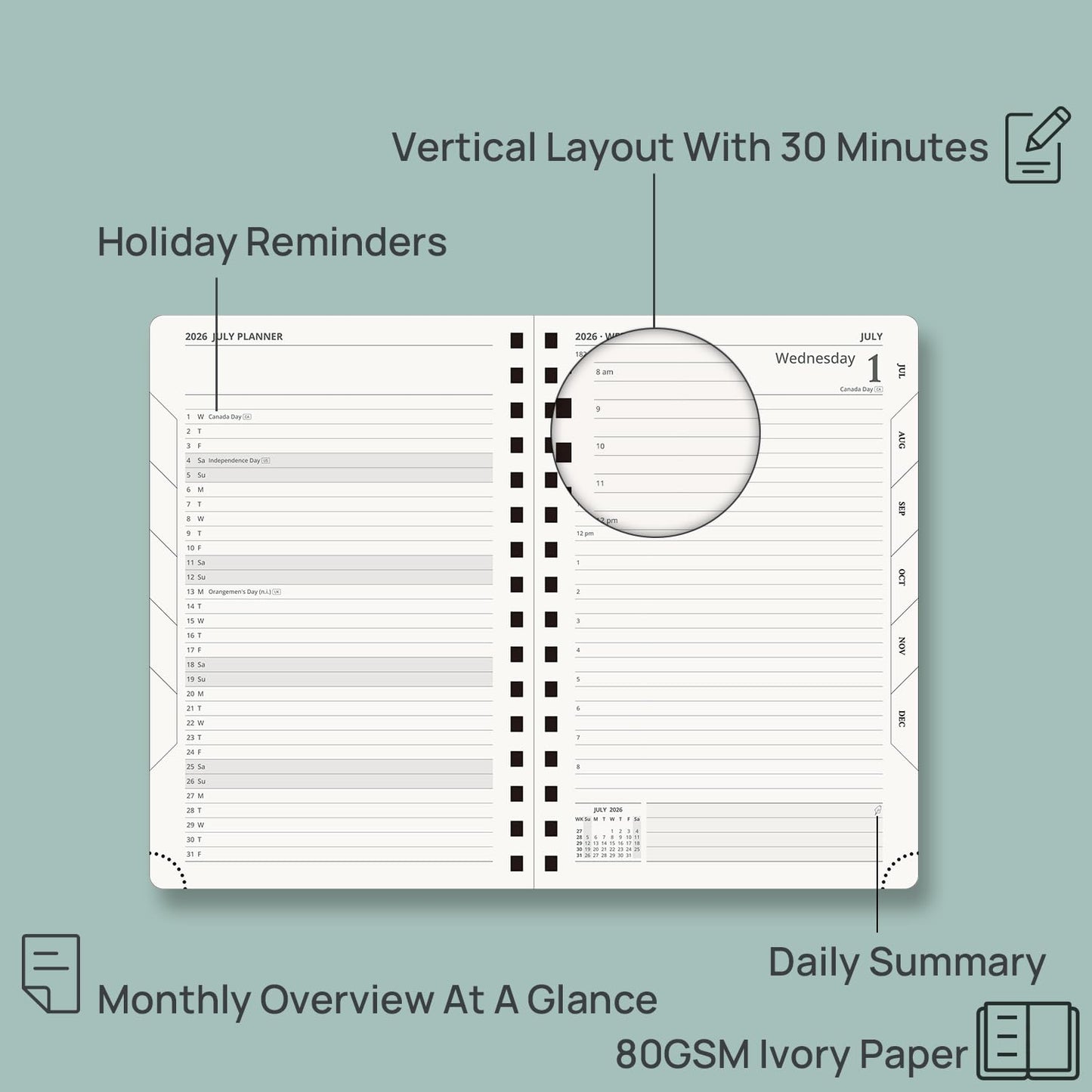 POPRUN 2026-2027 Daily Planner One Page Per Day, 5.75" x 8.5", Academic Daily Calendar Book with July 2026 to June 2027, Hardcover Appointment Book with Hourly Time Slots, Spiral Bound, Monthly Tabs - Pacific Green