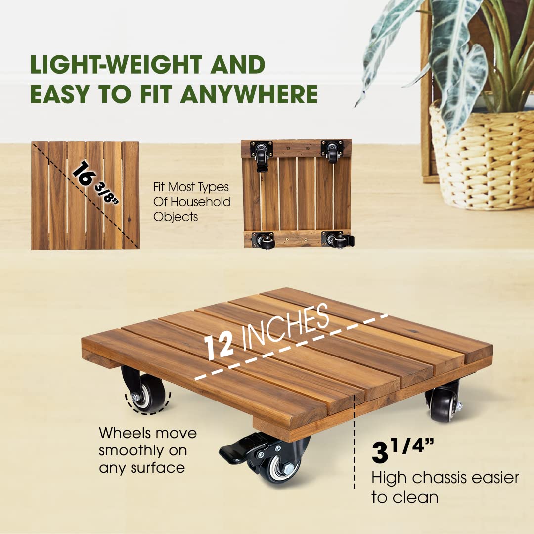 2pack Wood Plant Caddy With Wheels Heavy Duty, 264 Lbs Capacity, Upgraded 12 Inch Acacia Hardwood Plant Dolly, Plant Stand with 360° Lockable Wheels, Plant Caster for Heavy Objects Hauling - Natural