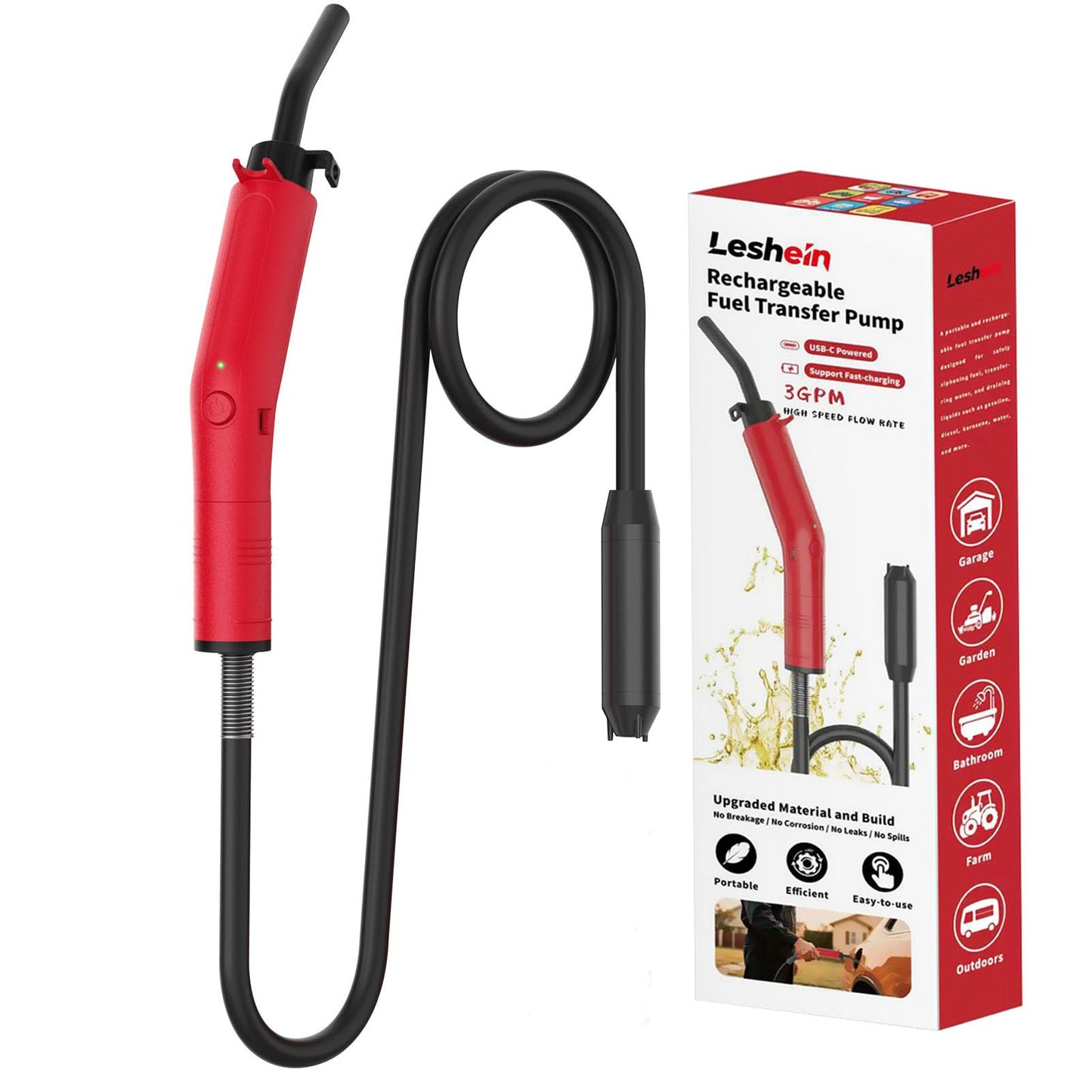 Leshein Fuel Transfer Pump 3GPM, USB Rechargeable Electric Siphon Pump for Gasoline Diesel Water, Portable Leakproof Gas Can Pump with Upgraded Hose Material & Build, Ultra-Fast Oil Transfer Pump