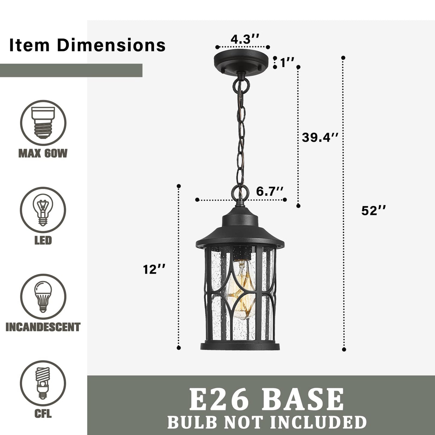 Zeyu Outdoor Pendant Light for Porch - 12 Inch Farmhouse Exterior Hanging Lantern with Seeded Glass, Black Finish, ZX48H BK
