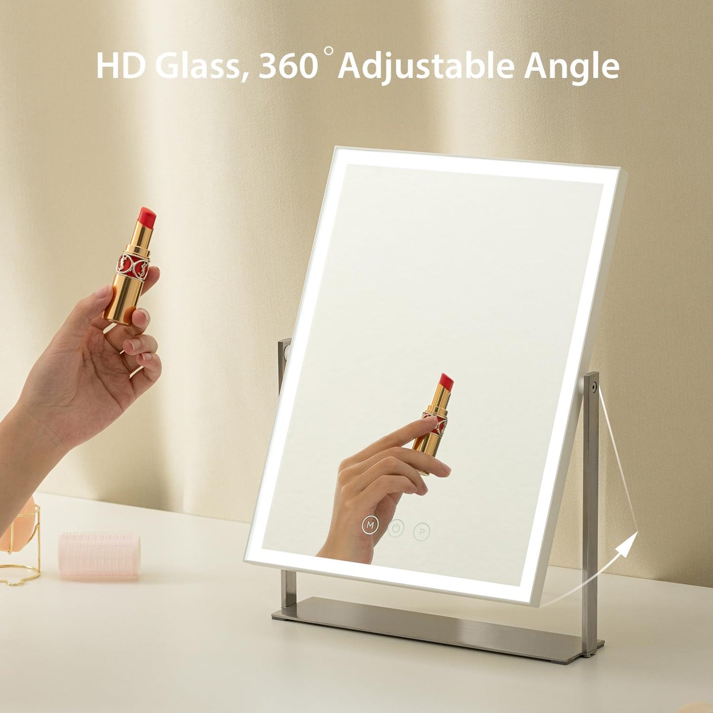 14 Inch Rechargeable Lighted Makeup Mirror, Vanity Mirror with 104 LED Lights, Rectangular Desk Mirror with Light, Metal Table Mirror with Stand, 3000mAh Battery