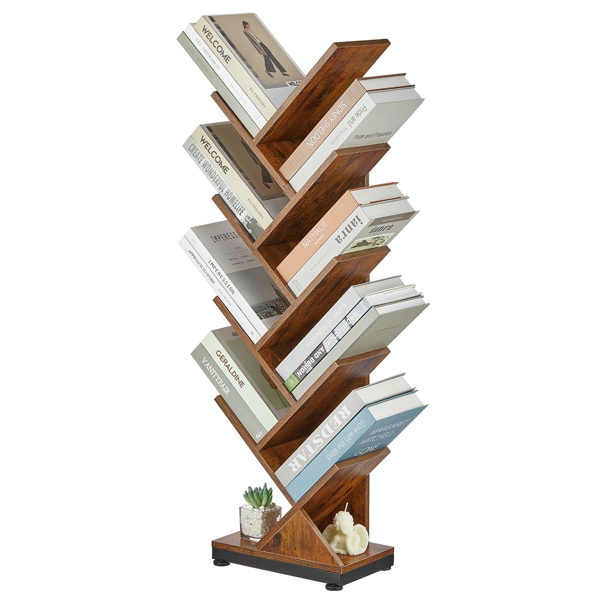 RUBOKA 9 Tier Tree Bookshelf, Shelf Floor Standing Bookcase Display for CDs/Magazine/Books, Retro Bookcase for Bedroom, Living Room, Office, Balcony, Book Organizer Storage Shelve, Classic