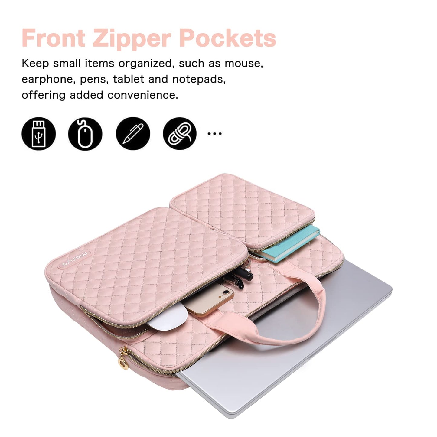 MOSISO 360 Protective Laptop Case 16 inch,15-15.6 inch Laptop Sleeve Compatible with MacBook Pro 16 M5 M4 M3 M2 M1 HP Acer Dell Lenovo,Square Quilted Bag Cover with 2 Pockets&Handle&Belt,Chalk Pink
