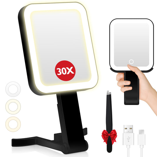 B Beauty Planet 30X Magnifying Mirror with Light, Double-Sided 3 Colors Lighting, Dimmable Touch Screen, Hangable/Foldable Handheld Mirror with Lights, Portable Compact Mirror for Travel (Black)