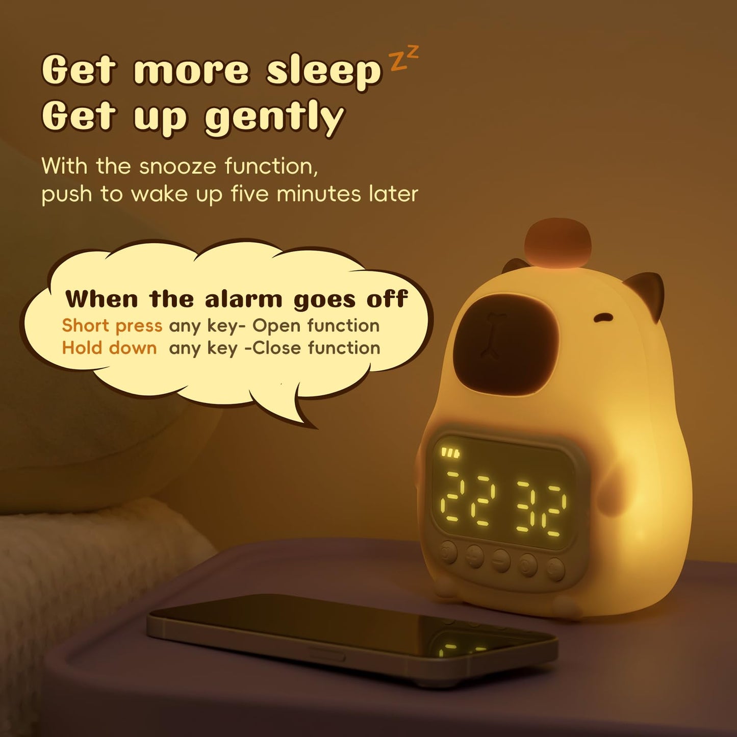 Capybara Alarm Clock with Night Light for Kids, 7 RGB Color Cute Alarm Clocks for Bedrooms Ok to Wake Clocks, Silicone Animal Tabletop Lamp for Teen Girls Boys