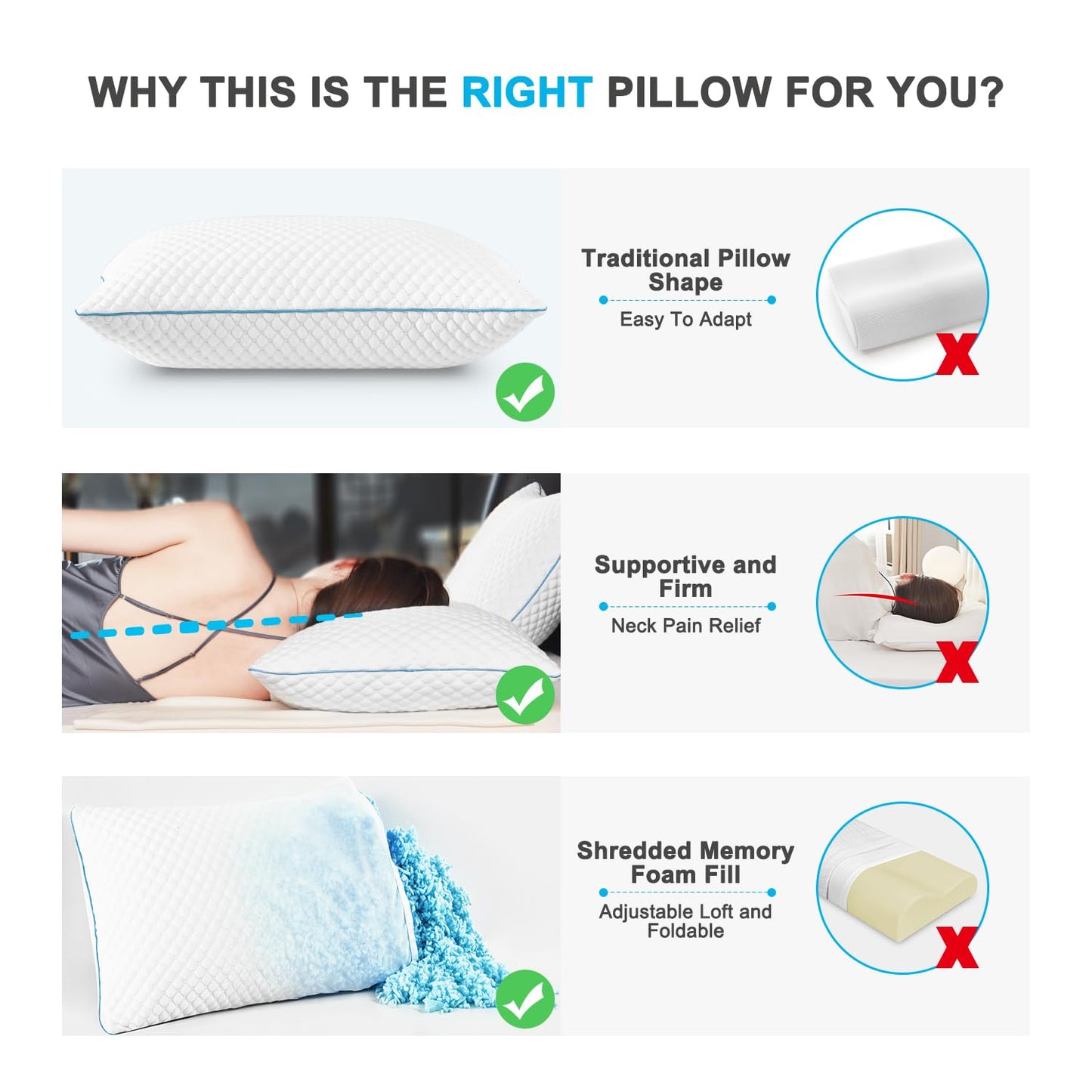 VVZ Cooling Shredded Memory Foam Pillows King Size 2 Pack, Adjustable Firm Bed Pillows for Side Back Stomach Sleepers, Luxury Gel Pillow for Hot Sleepers with Breathable Washable Cover