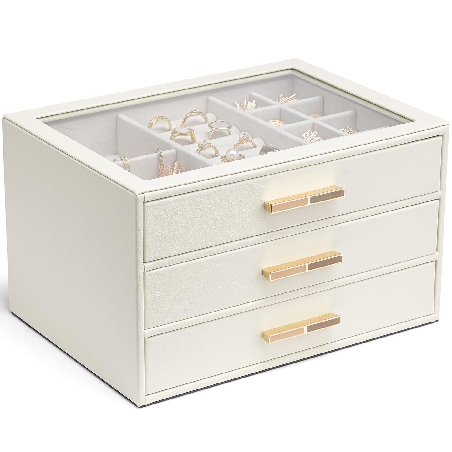 Vlando Jewelry Box with Glass Lid,Jewelry Organizer with 3 Drawers,3-Layer Jewelry Box for Women Girls,Christmas Gifts for Women,Beige