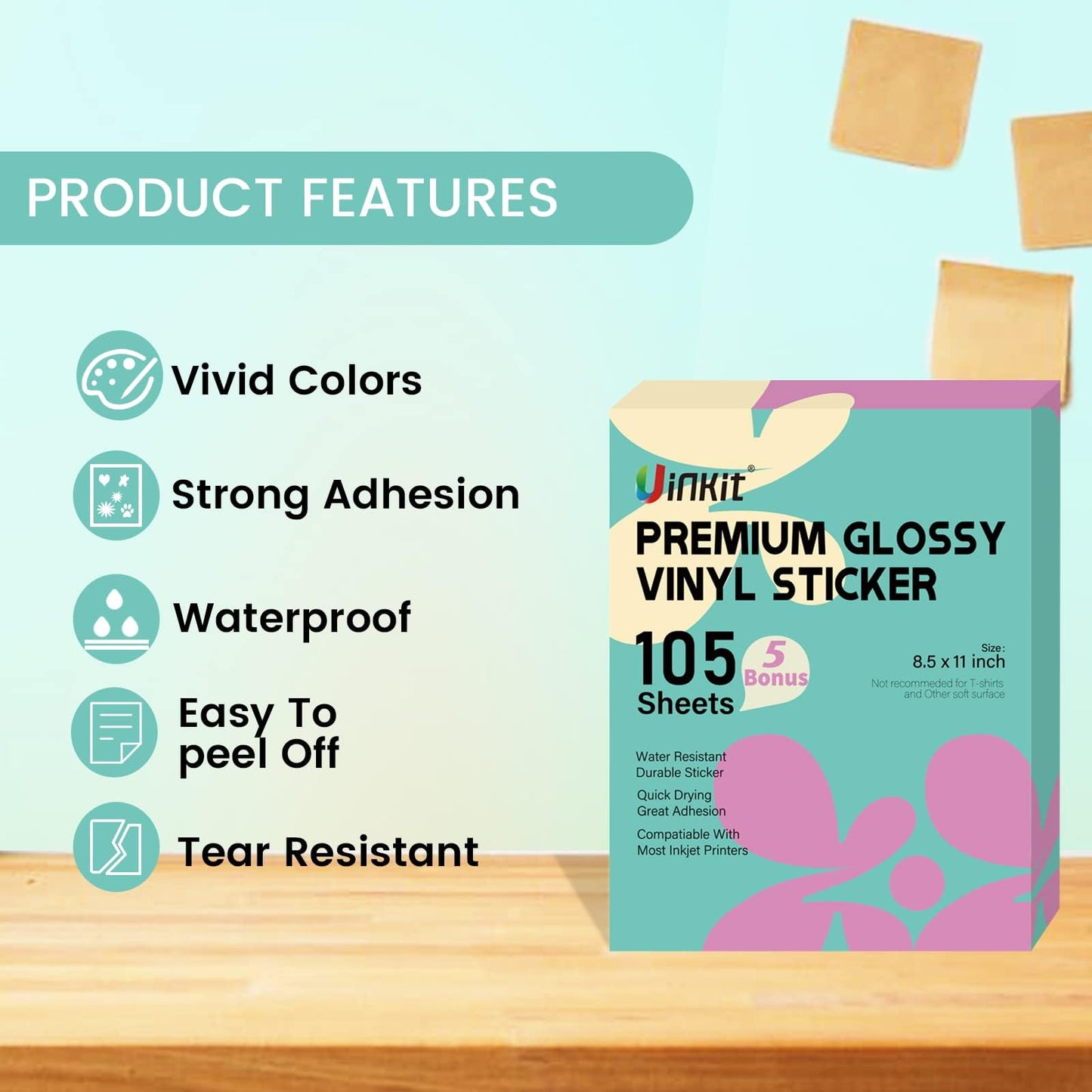 Uinkit 105 Sheets Premium Printable Vinyl Sticker Paper for Inkjet Printer Cricut,included 100Sheets Glossy and 5Sheets Clear Label DIY projects,Dries Quickly,Tear-Resistant,Waterproof,Removable