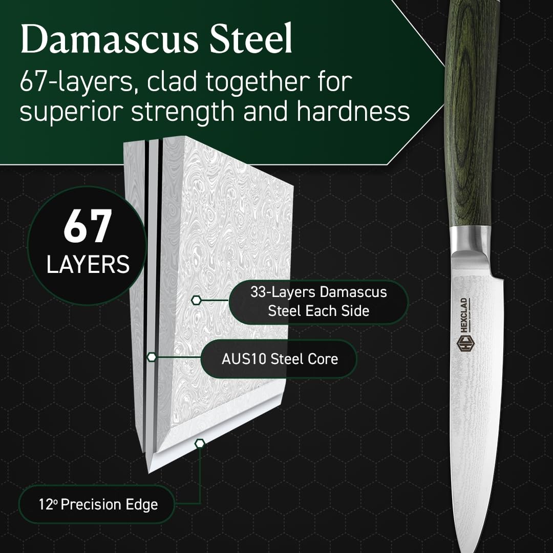 HexClad Utility Knife, 5-Inch Japanese Damascus Stainless Steel Blade Full Tang Construction, Pakkawood Handle