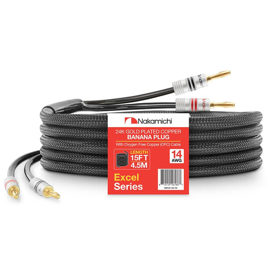 Nakamichi Excel Series 24k Gold Plated Banana Plugs with Speaker Cable Wire 99.9% Oxygen-Free Copper (OFC) Heavy Duty Braided for Amplifier Hi-Fi Home Theatre - Black (14AWG / 15 feet / 4.5m)