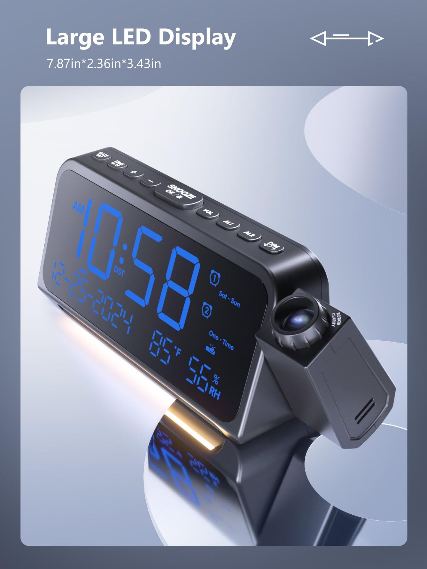 Projection Alarm Clock, Digital Clock with Night Light on Ceiling Wall, 350°Rotatable Projector, 5-Level Dimmer, Type-C USB Charger, Temperature & Date Display, 12/24H, Dual Alarm Clock for Bedroom