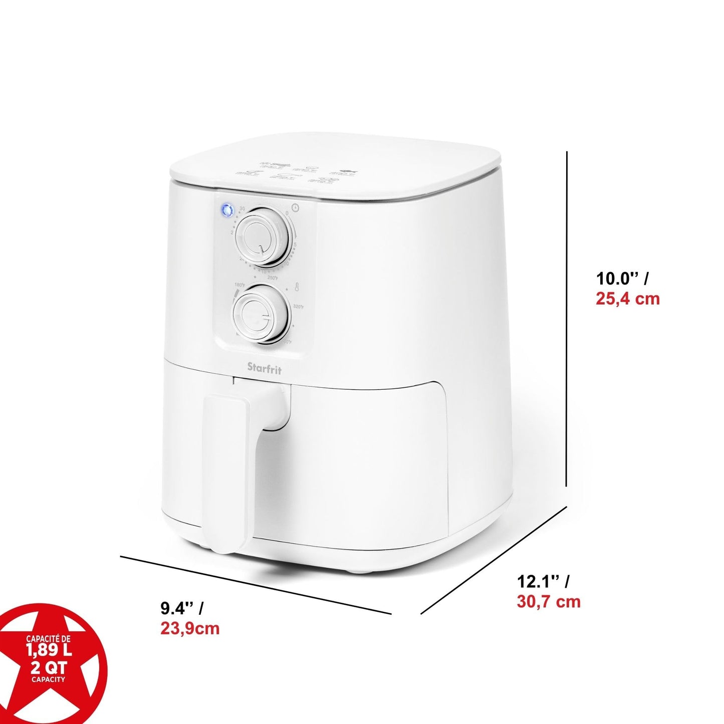 Starfrit Electric Air Fryer – 2QT/1.89L Compact Capacity – Adjustable Temperature Control – Removable Non-Stick Basket – 30-Minute Auto Shut-Off - 900 Watts