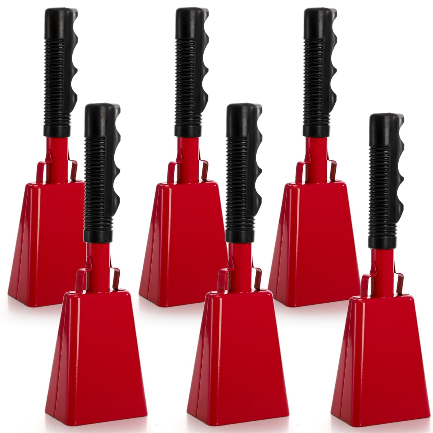 Peohud 6 Pack Cowbell with Handle, 10 Inch Loud Cheering Cow Bell for Sports Events, Red Steel Noise Makers for Football Games, Stadiums, Party, Percussion Musical Instruments