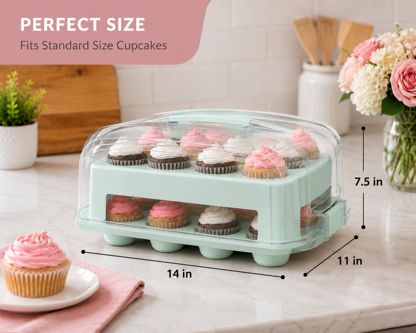 Cupcake Carrier, EXTRA TALL LID, Fashionable Green Cupcake Holder Carries 24 Standard-Size Cupcakes, Durable Muffin Traveler Two Tier Stand and Reusable Cupcake Box (Seafoam Green)