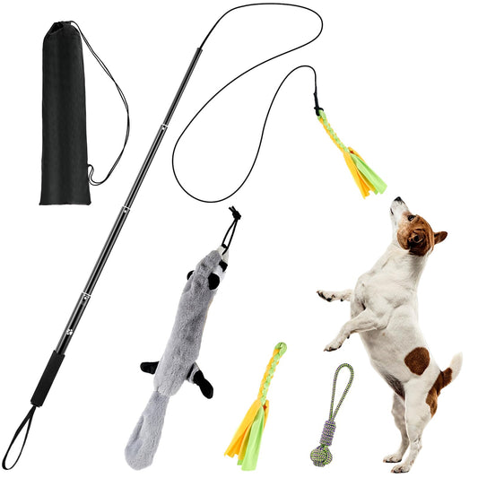 COM4SPORT Flirt Pole for Dogs, Extendable Dog Flirt Pole with Detachable Interactive Toys Teaser Wand with Lure Chewing Toy for Outdoor Exercise & Training Interactive Toys Heavy Duty Dog Toy