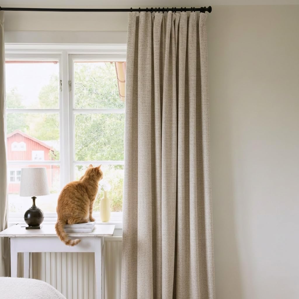 NICETOWN Natural 100% Blackout Linen Curtains 84 Inches Long, Thermal Insulated Farmhouse Thick Completely Blackout Window Treatment 2 Panels for Living Room, 52" Wide Each Panel