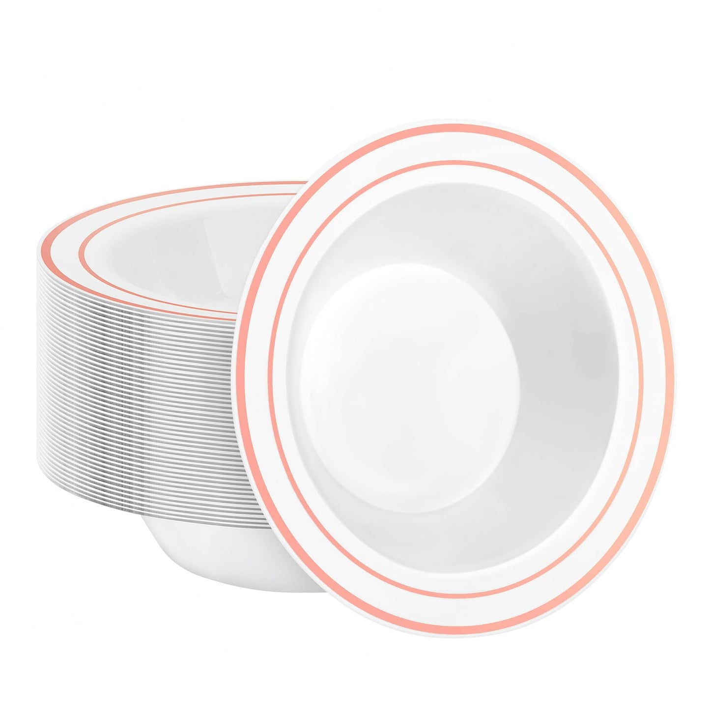 BESTSTAR 50 Pack Disposable Soup Bowls with Rose Gold Rim, 12oz Premium Heavy Duty Plastic Dinner Bowls for Party, Wedding and Holiday