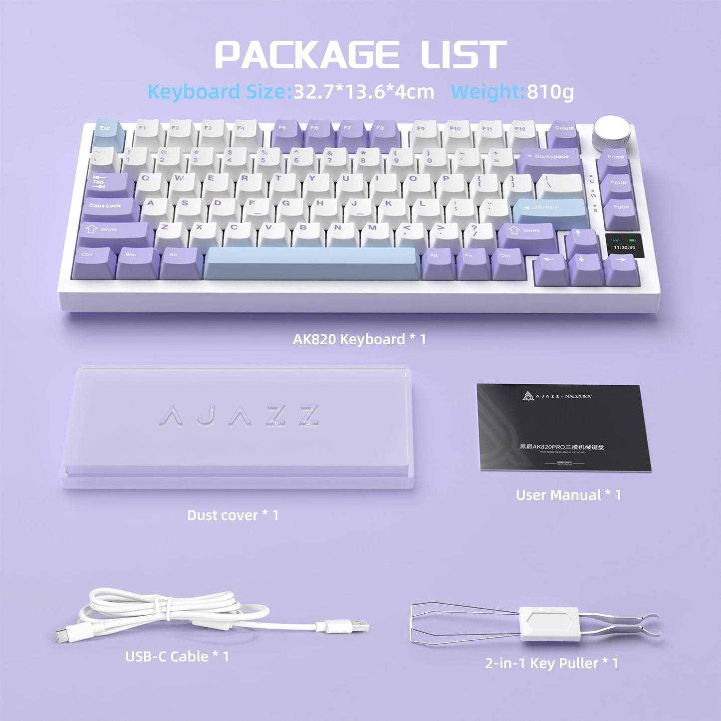 A.JAZZ AK820Pro Gasket Mechanical Gaming Keyboard 75%,TFT Display&Knob,Bluetooth/2.4GHz/USB-C,Hot Swap,5-Layer Sound Absorbing Foams,RGB Backlit,4000mAH Battery for Mac/Win,Flying Fish Switch-Purple